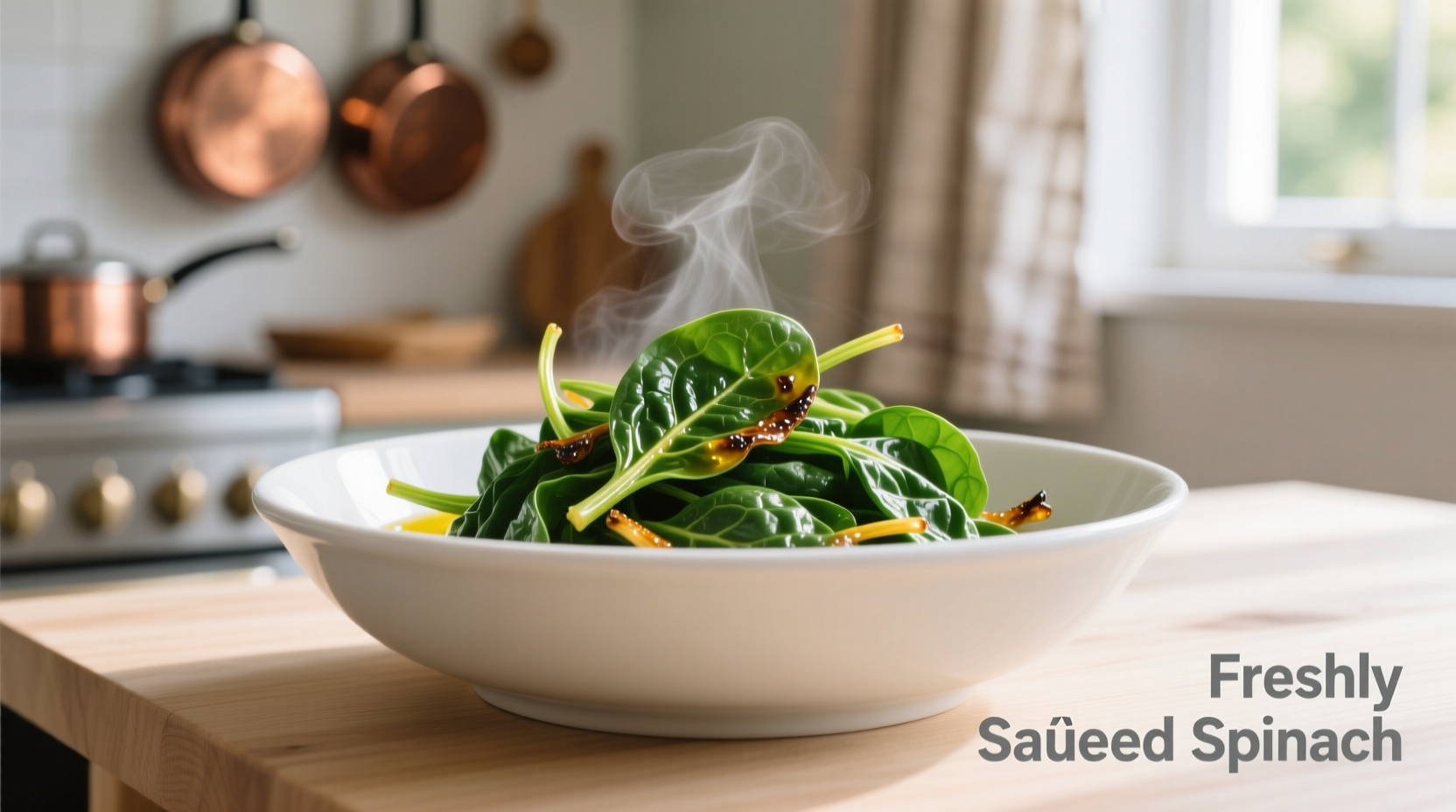 Perfectly sautéed spinach in white bowl