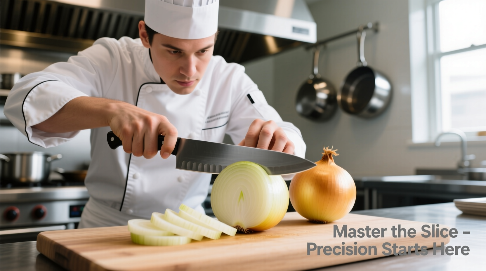 Professional chef demonstrating proper onion slicing technique