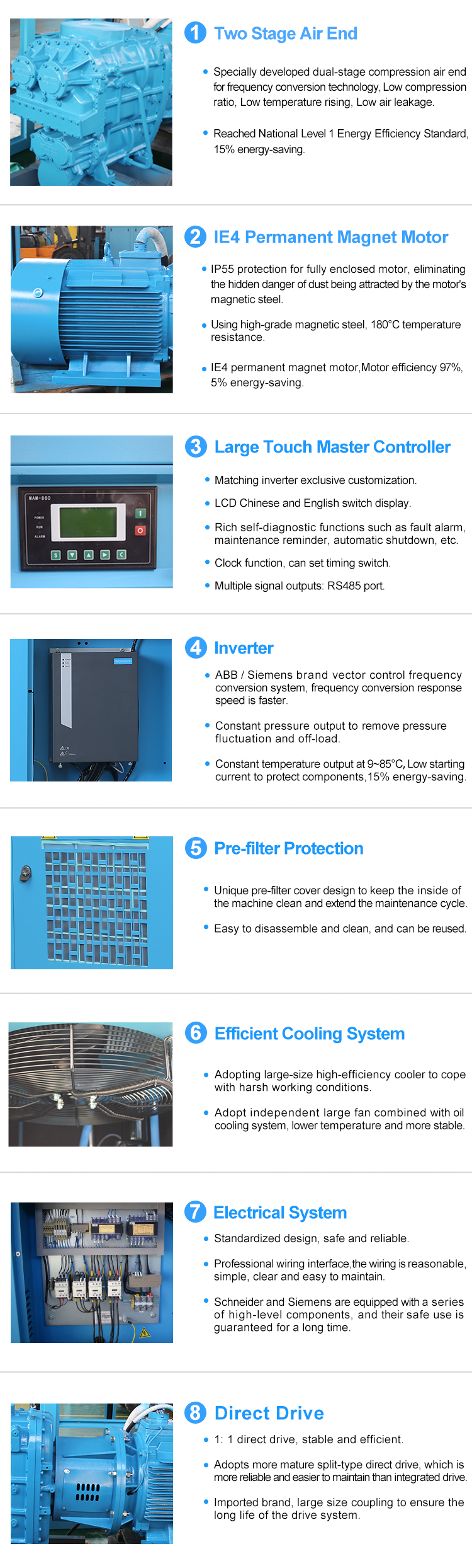 Stationary Two Stage Screw Air Compressor IP65 55kW Rotary Direct Driven