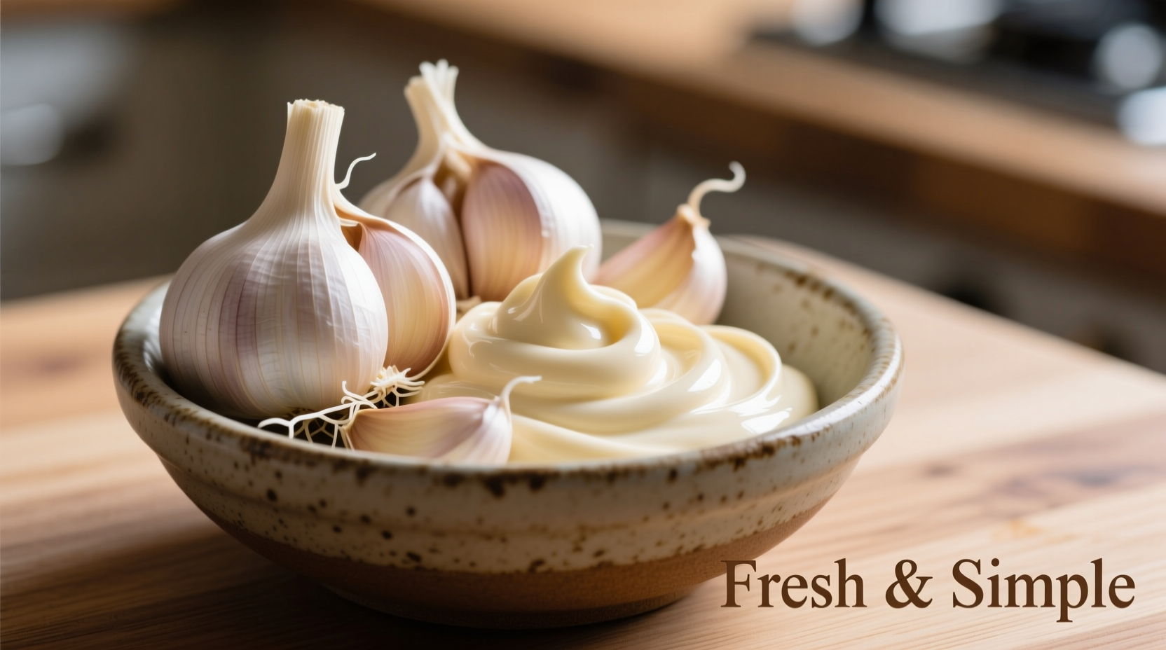 Fresh garlic cloves mixed with creamy mayonnaise in bowl