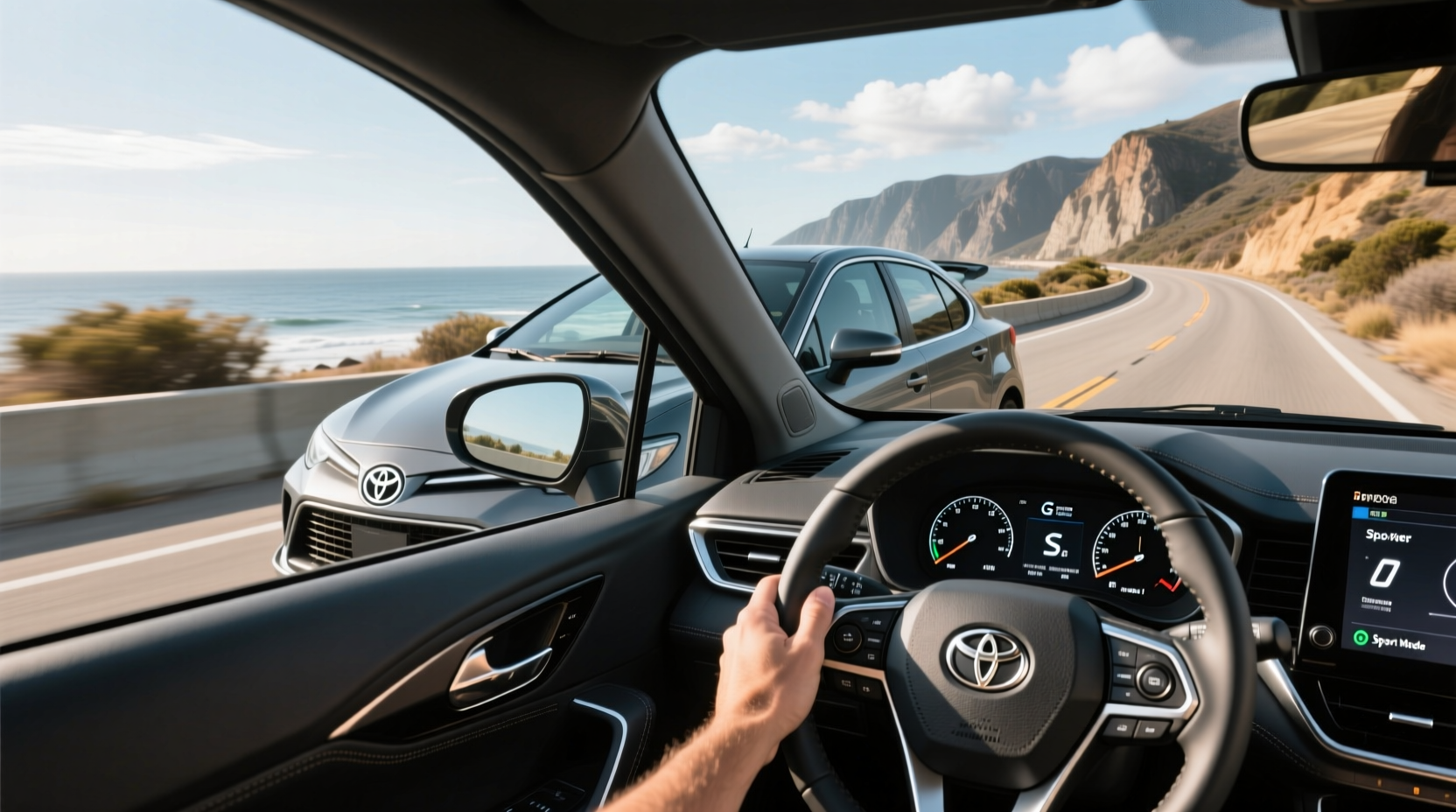 Interior view of 2025 Corolla Hatchback showing dashboard layout and infotainment screen