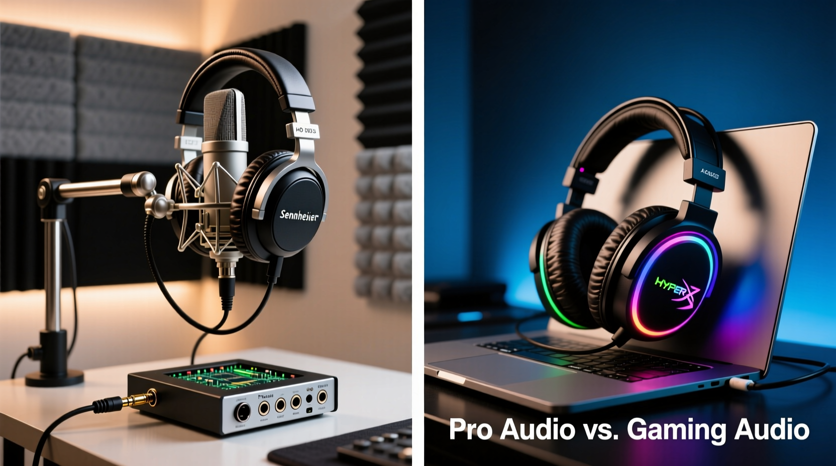 Side-by-side comparison showing studio headphones connected to an audio interface via 3.5mm TRS cable, with a condenser mic on a boom arm and acoustic panels visible in the background—versus a gaming headset draped over a laptop with RGB lighting and no external audio hardware.