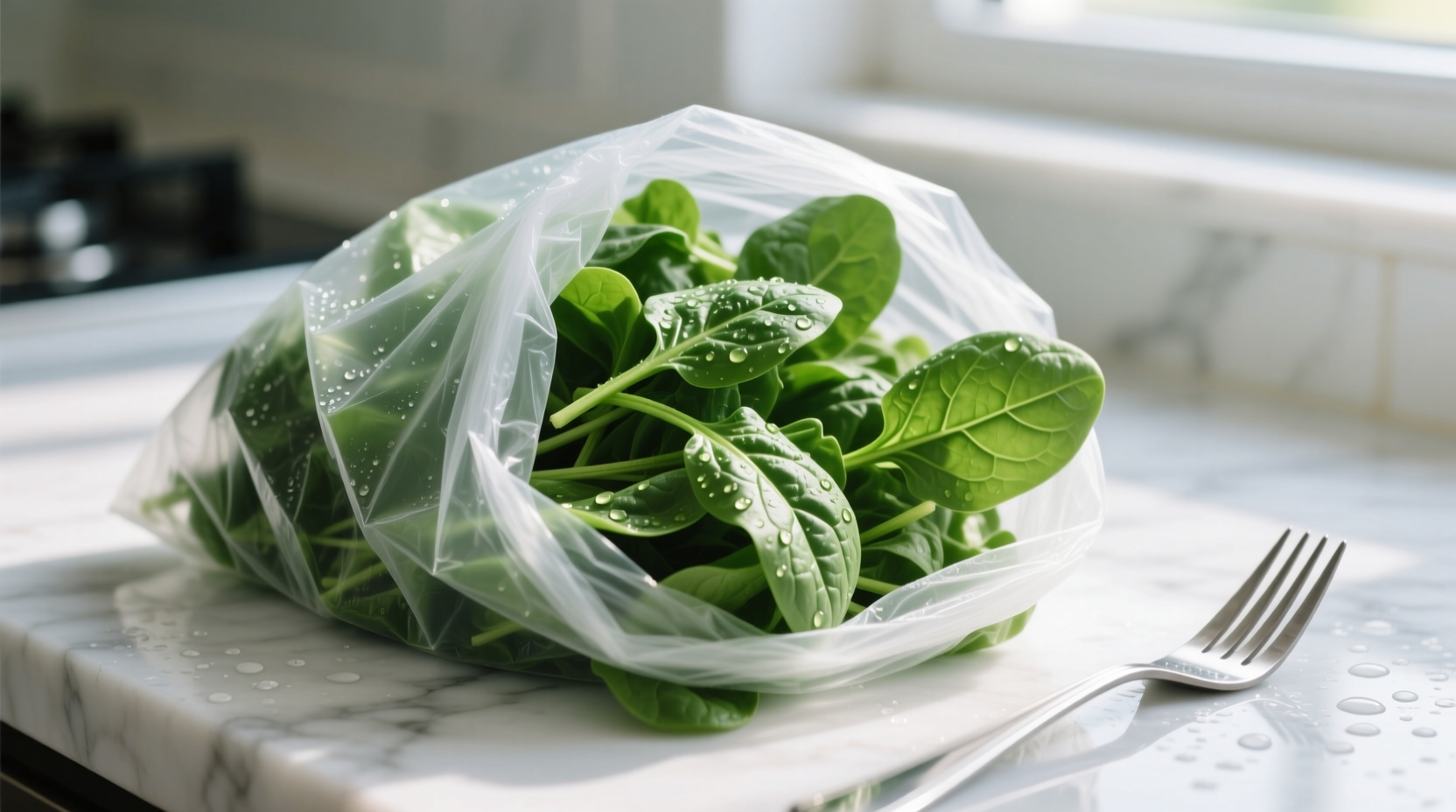 Fresh bag of spinach with vibrant green leaves