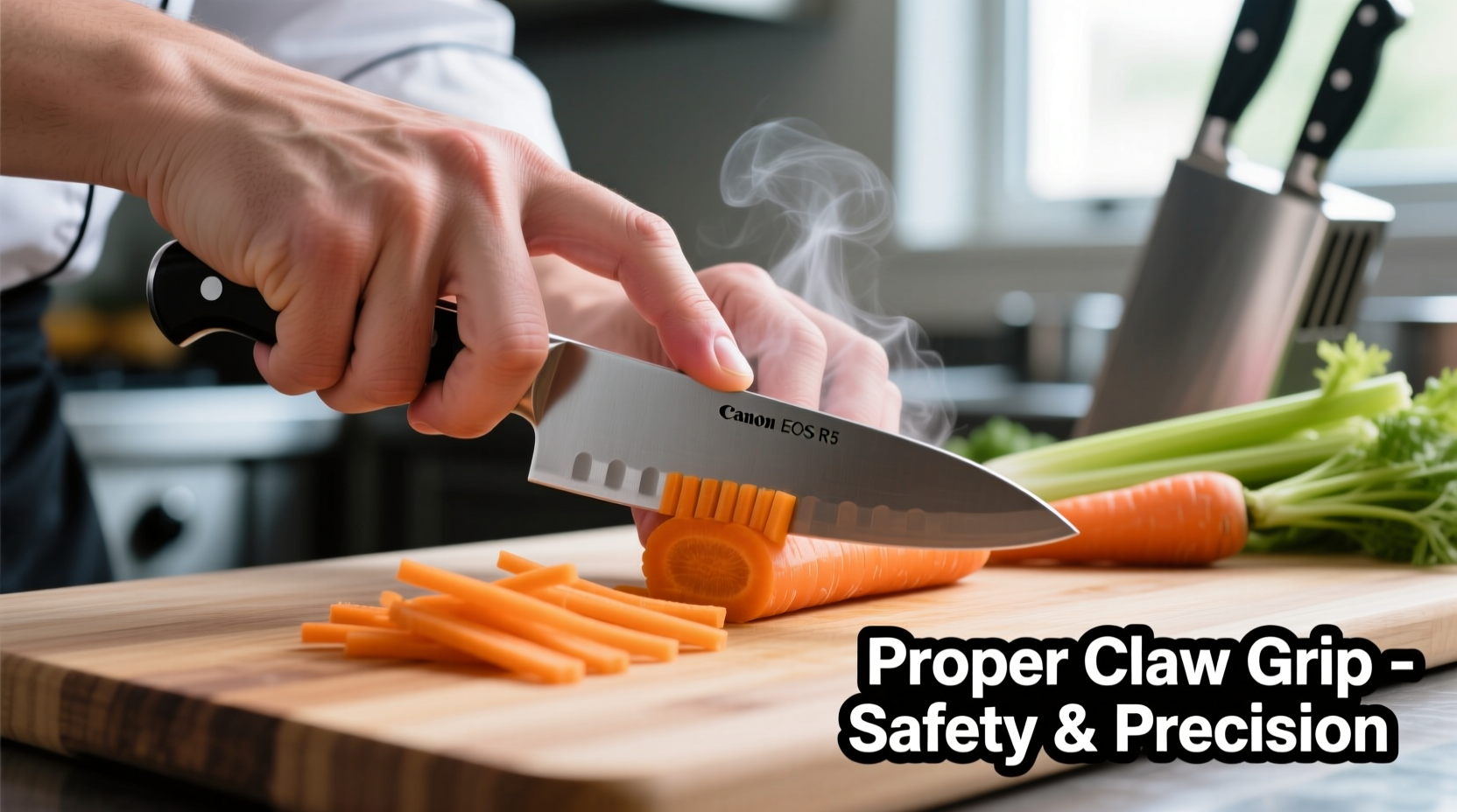 Chef's hand demonstrating proper claw grip technique for julienning