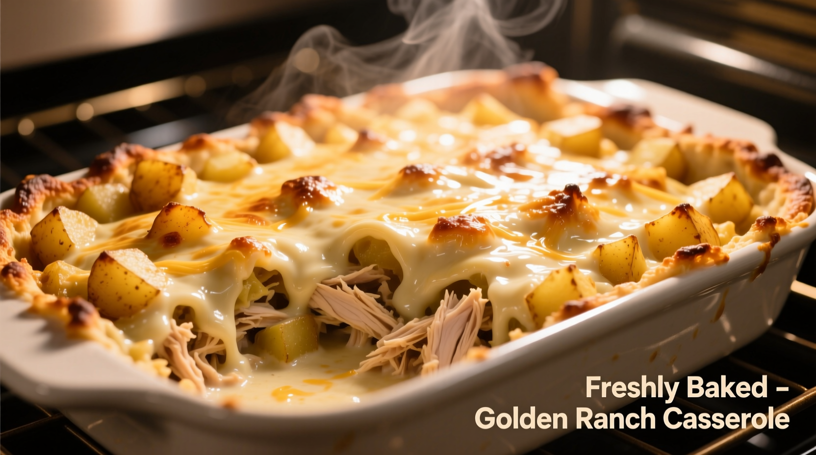 Golden chicken potato ranch casserole fresh from oven