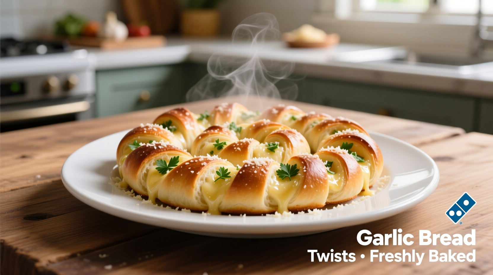 Freshly baked Domino's garlic bread twists on white plate