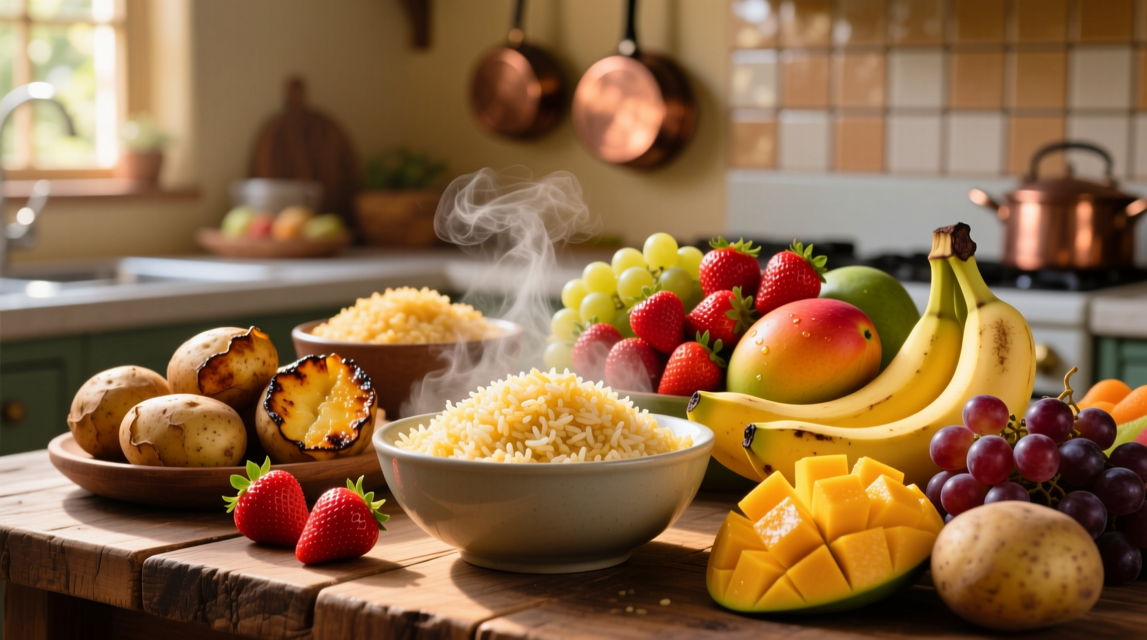 Colorful display of high-carb foods including rice, potatoes, and fruits