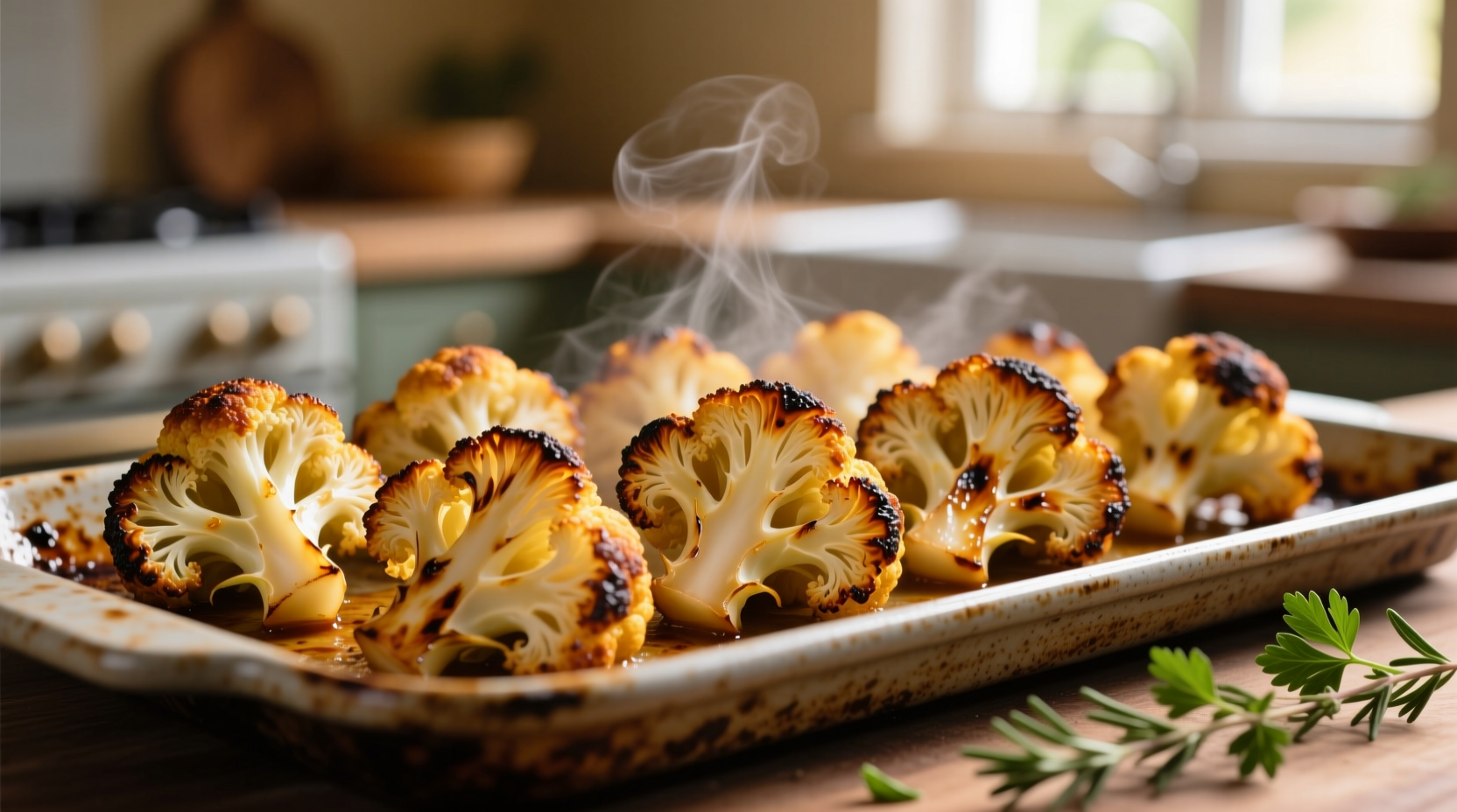 Perfectly roasted golden-brown cauliflower florets on baking sheet