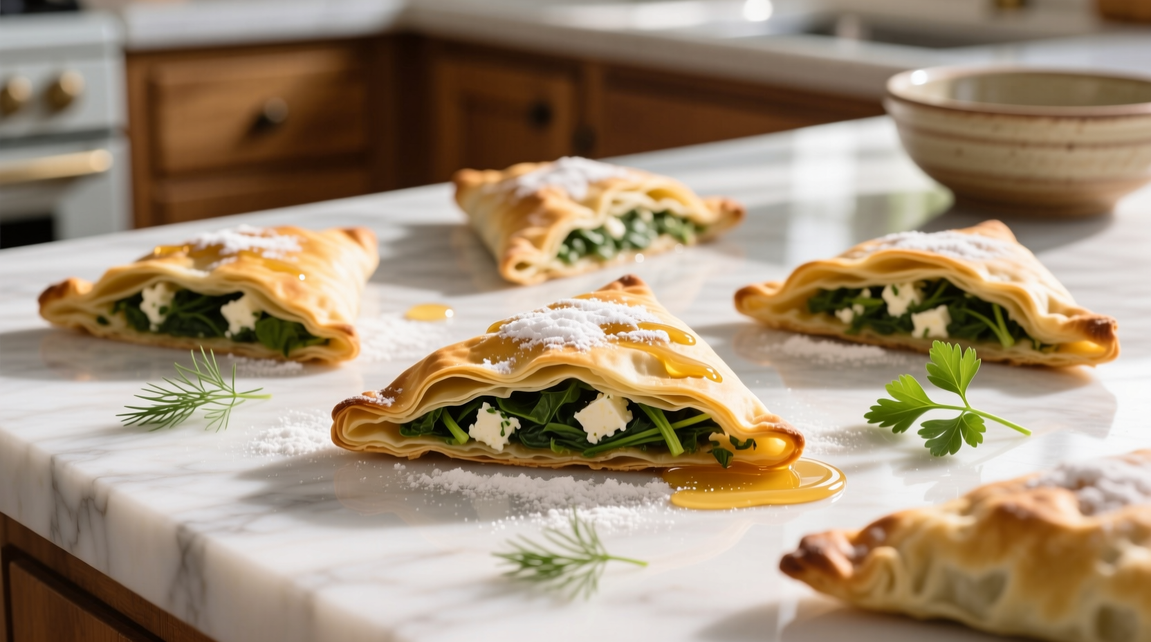 Golden spanakopita triangles on marble surface
