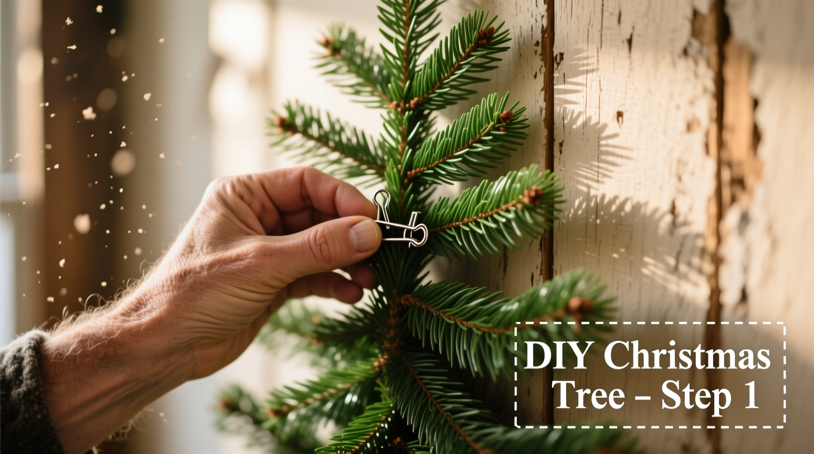 Hand attaching branches to wall for DIY Christmas tree installation