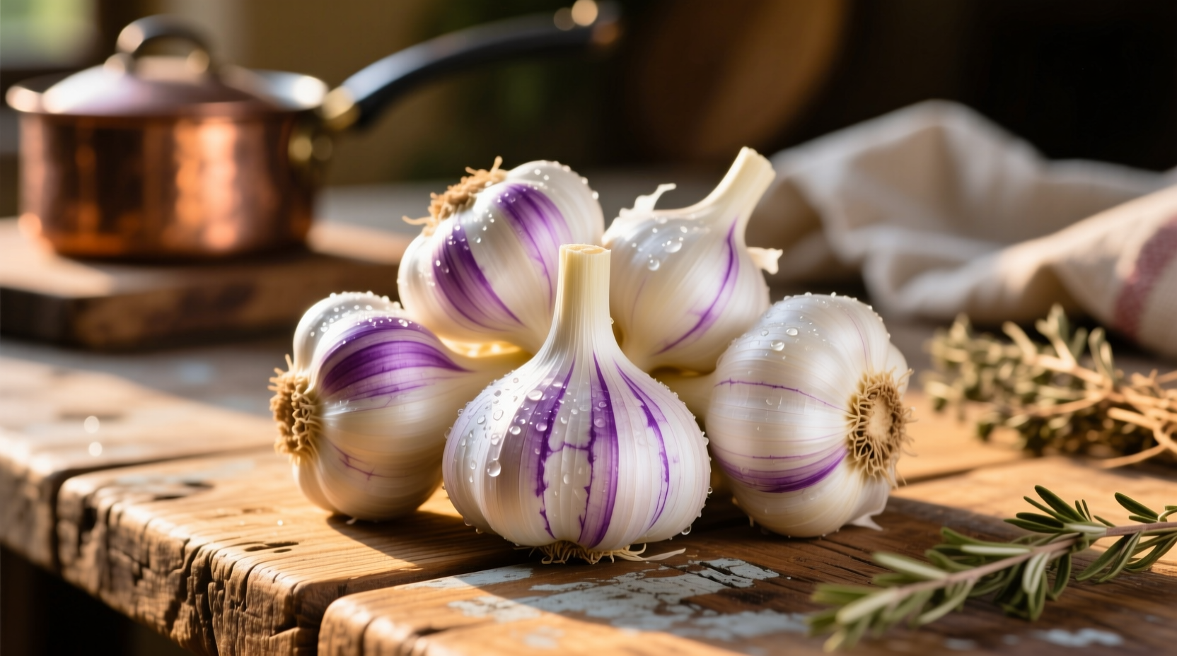 Fresh Mediterranean garlic bulbs with purple streaks on wooden table