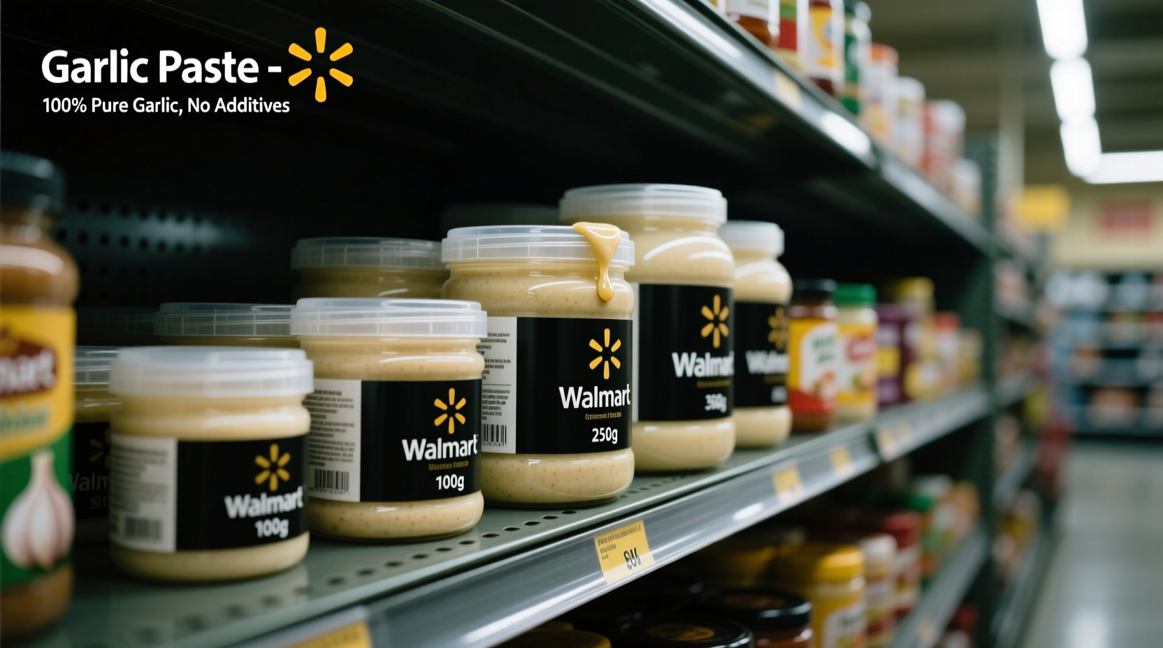 Garlic paste containers on Walmart shelf