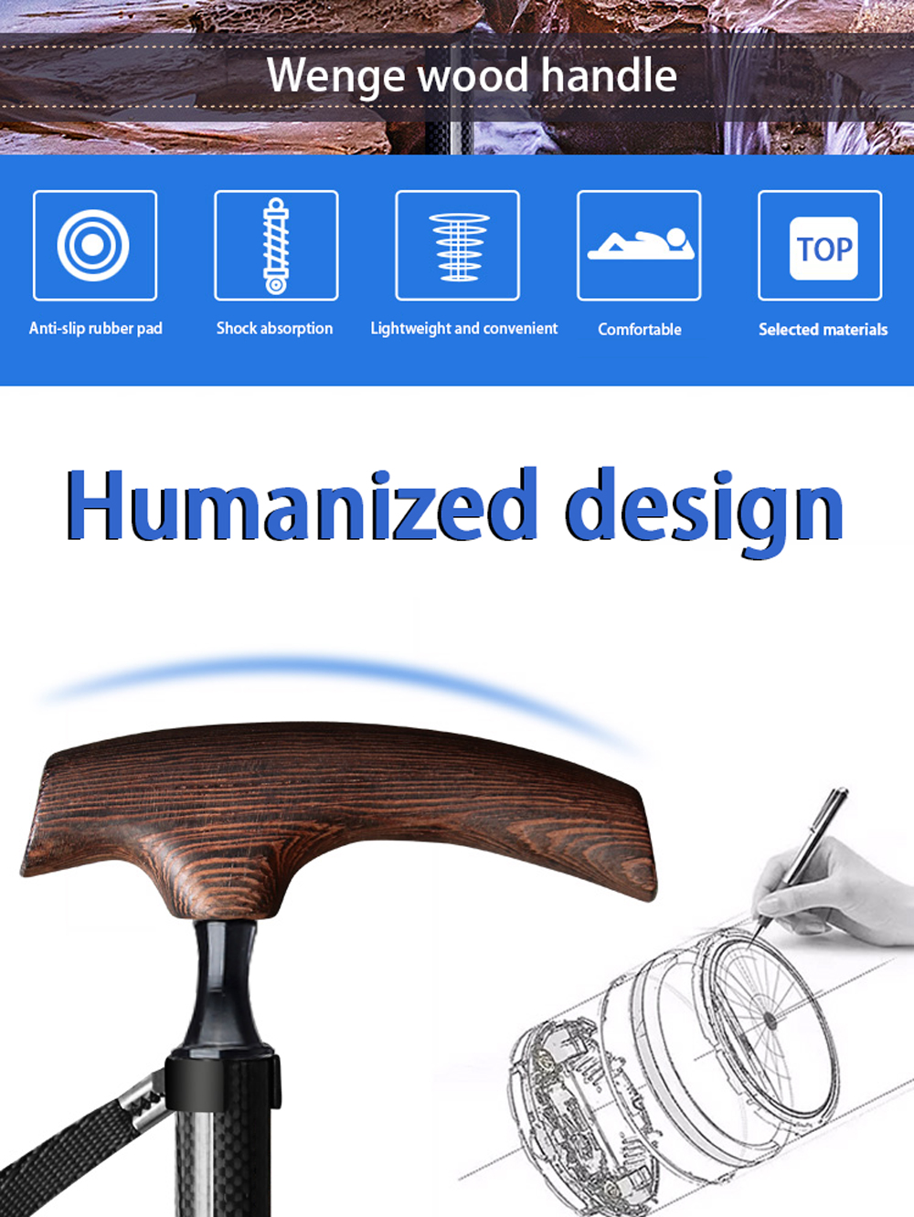 Carbon Fiber Walking Stick With Wood Handle Strong Toughness Adjustable Length walking stick For The Elderly Rubber Base