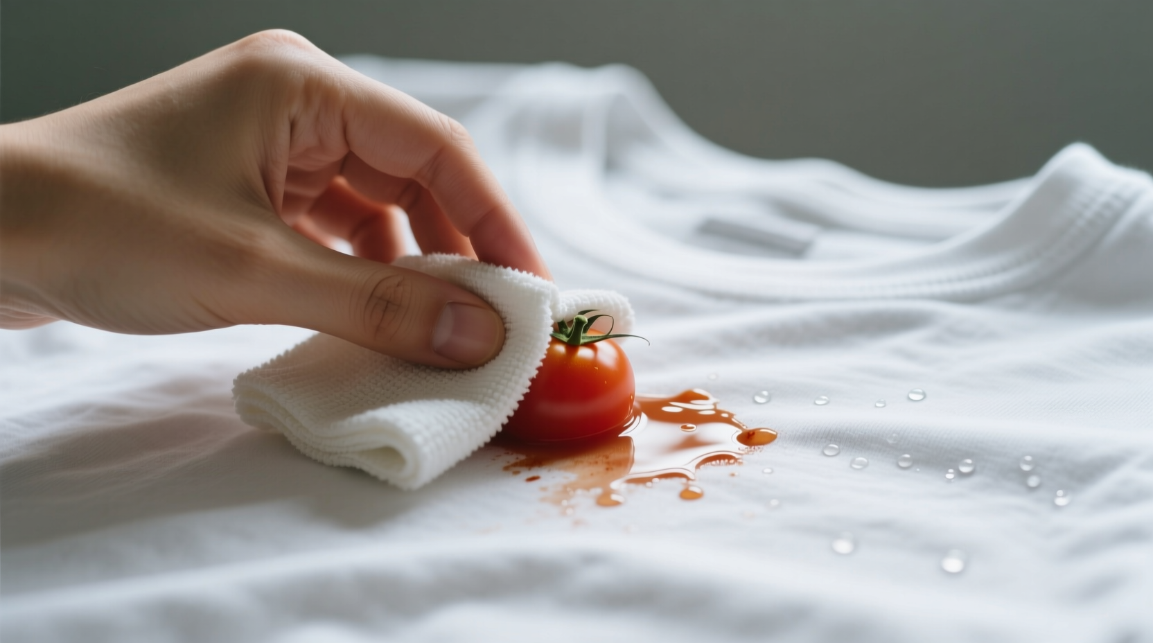 Hand blotting tomato stain on white t-shirt with clean cloth