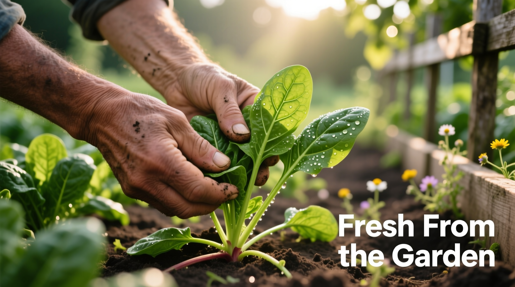 Hand harvesting fresh spinach leaves from garden