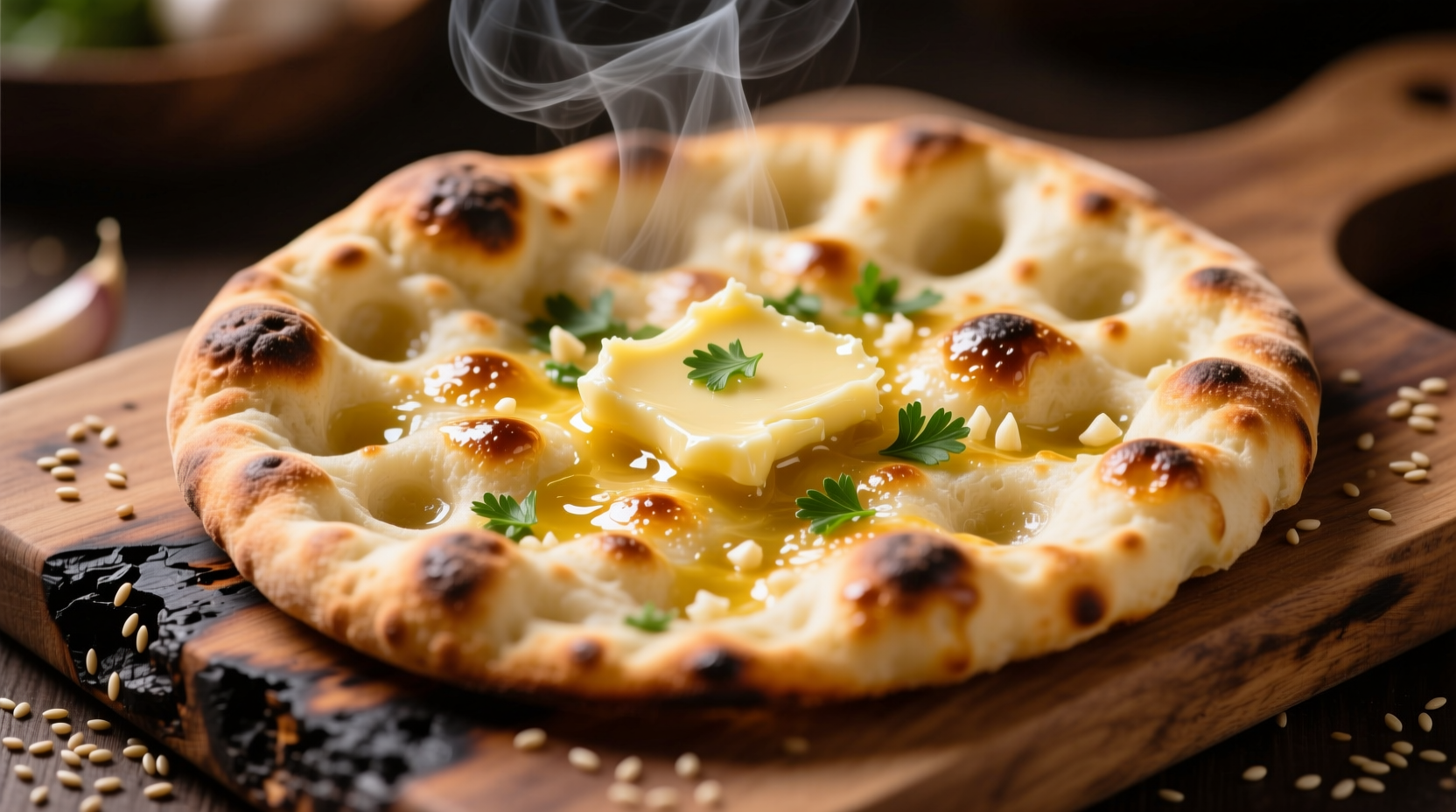 Freshly made garlic naan with bubbling surface