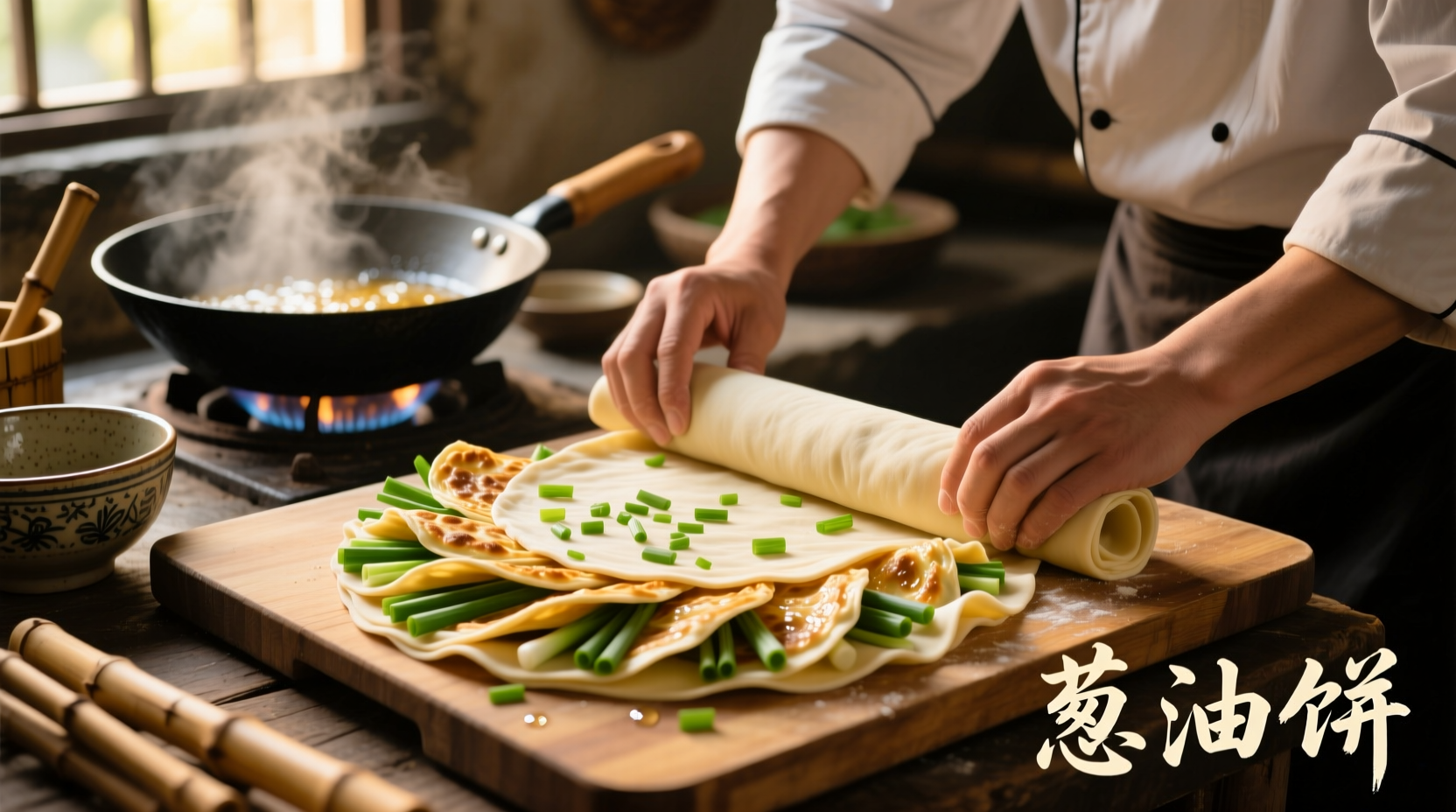 Traditional Chinese scallion pancake being prepared