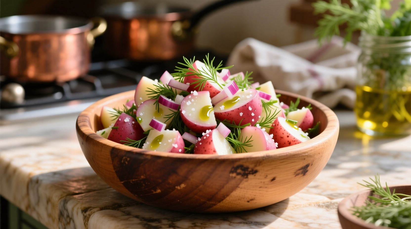 Fresh dill red potato salad in wooden bowl