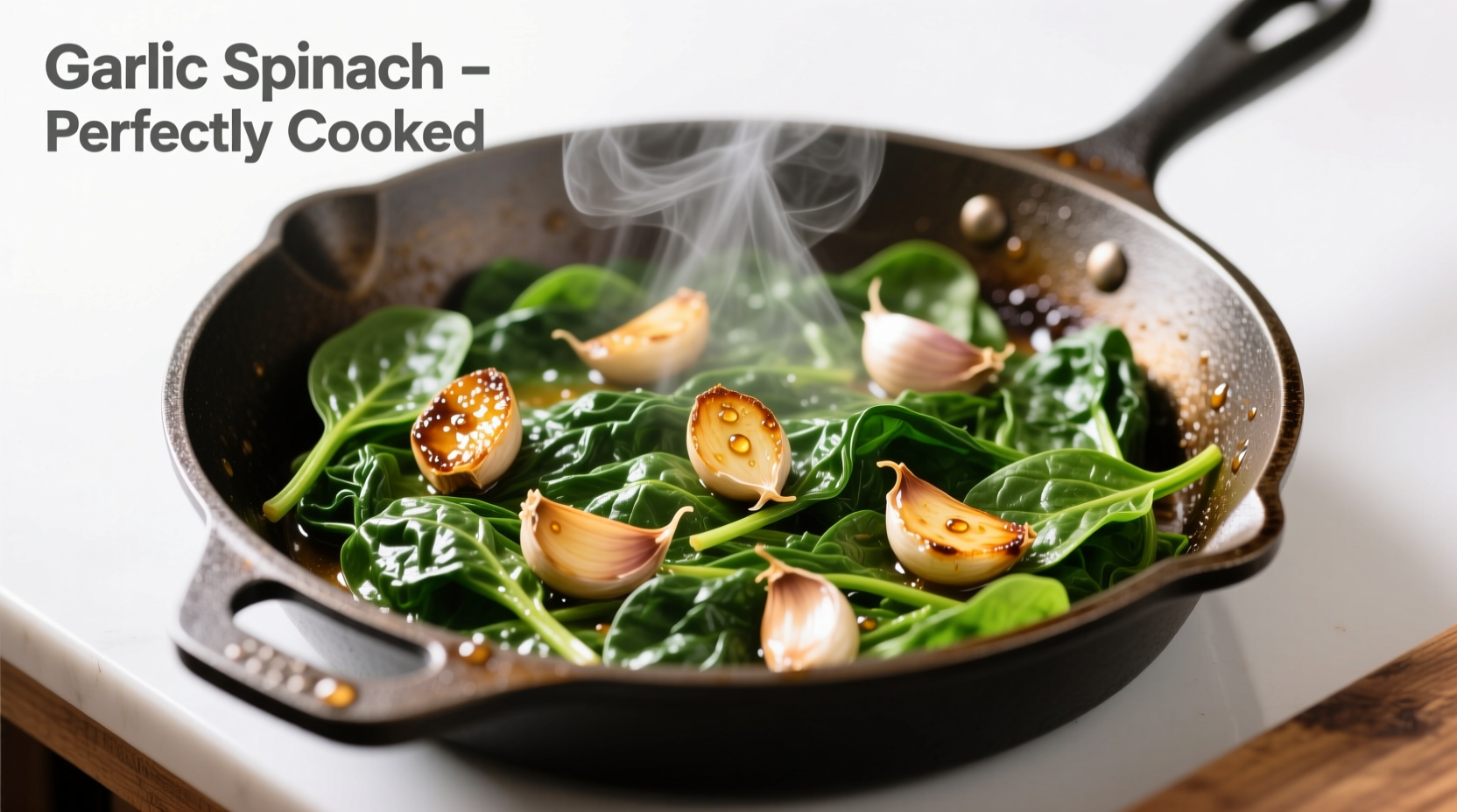 Perfectly cooked garlic spinach in skillet with golden garlic