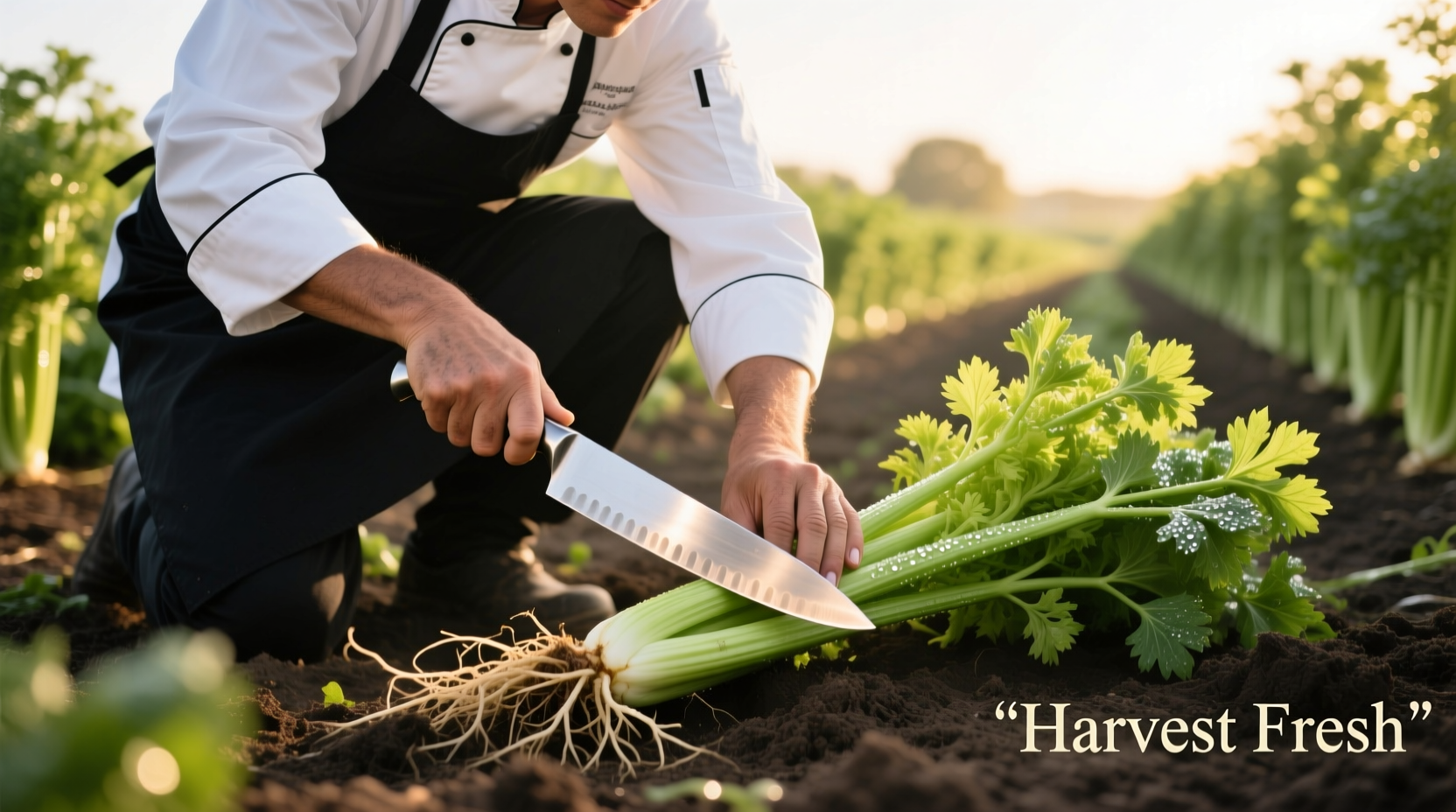 Chef harvesting celery stalks with sharp knife at soil level