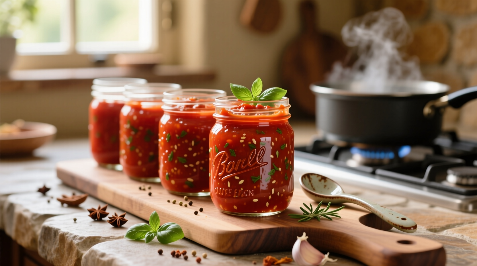 Homemade gluten-free tomato sauce in mason jars
