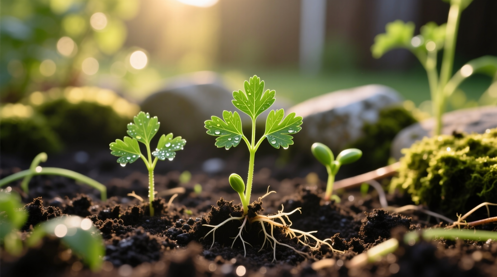 Fresh parsley seedlings in garden soil