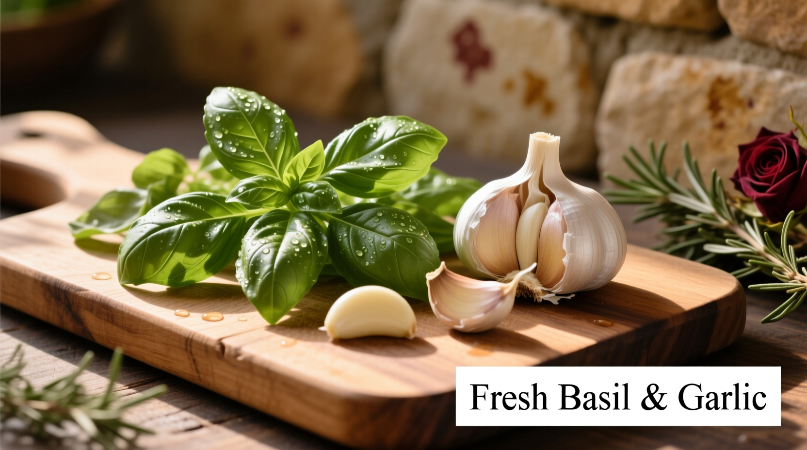 Fresh basil and garlic on wooden cutting board for tomato sauce