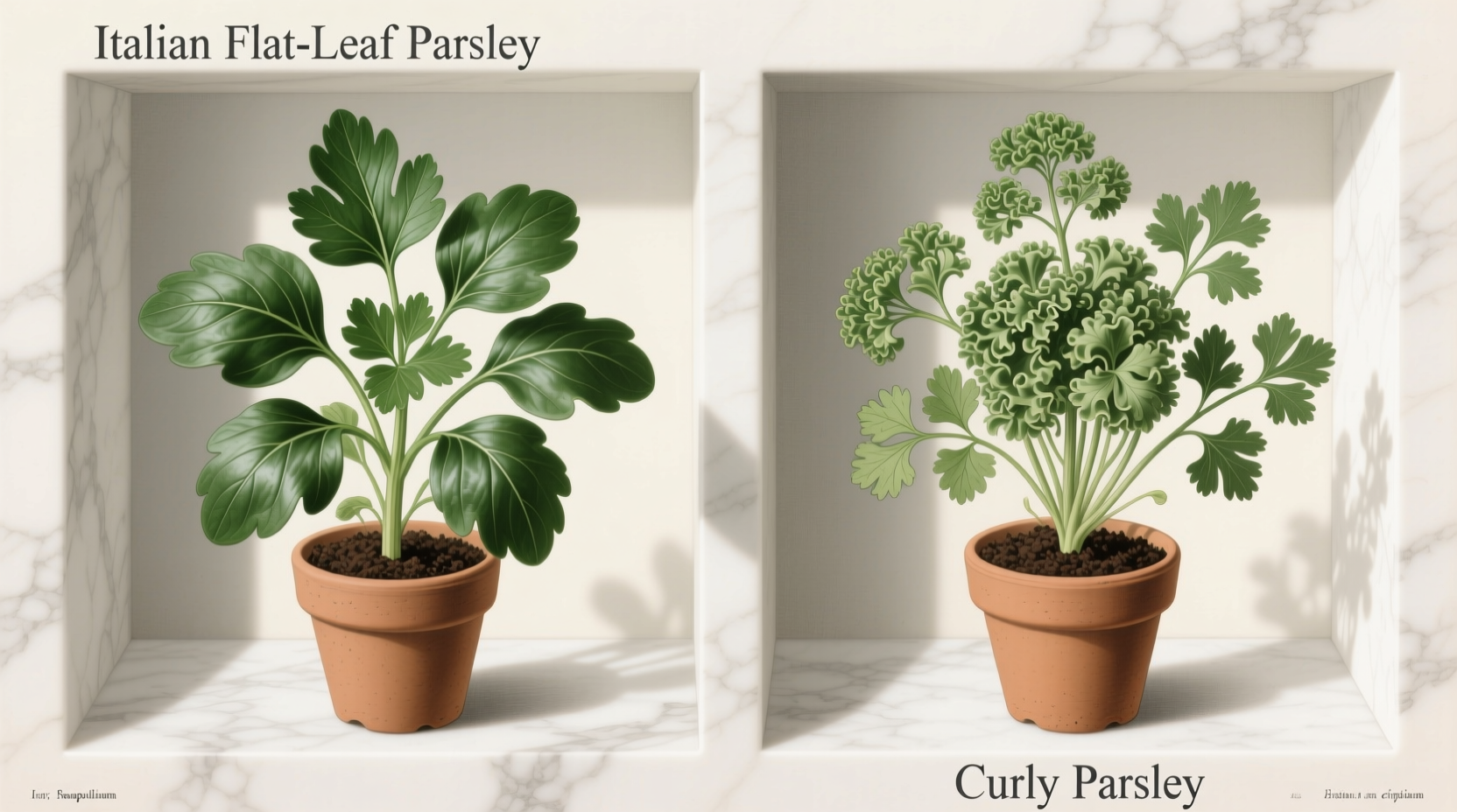 Side-by-side comparison of Italian flat-leaf and curly parsley