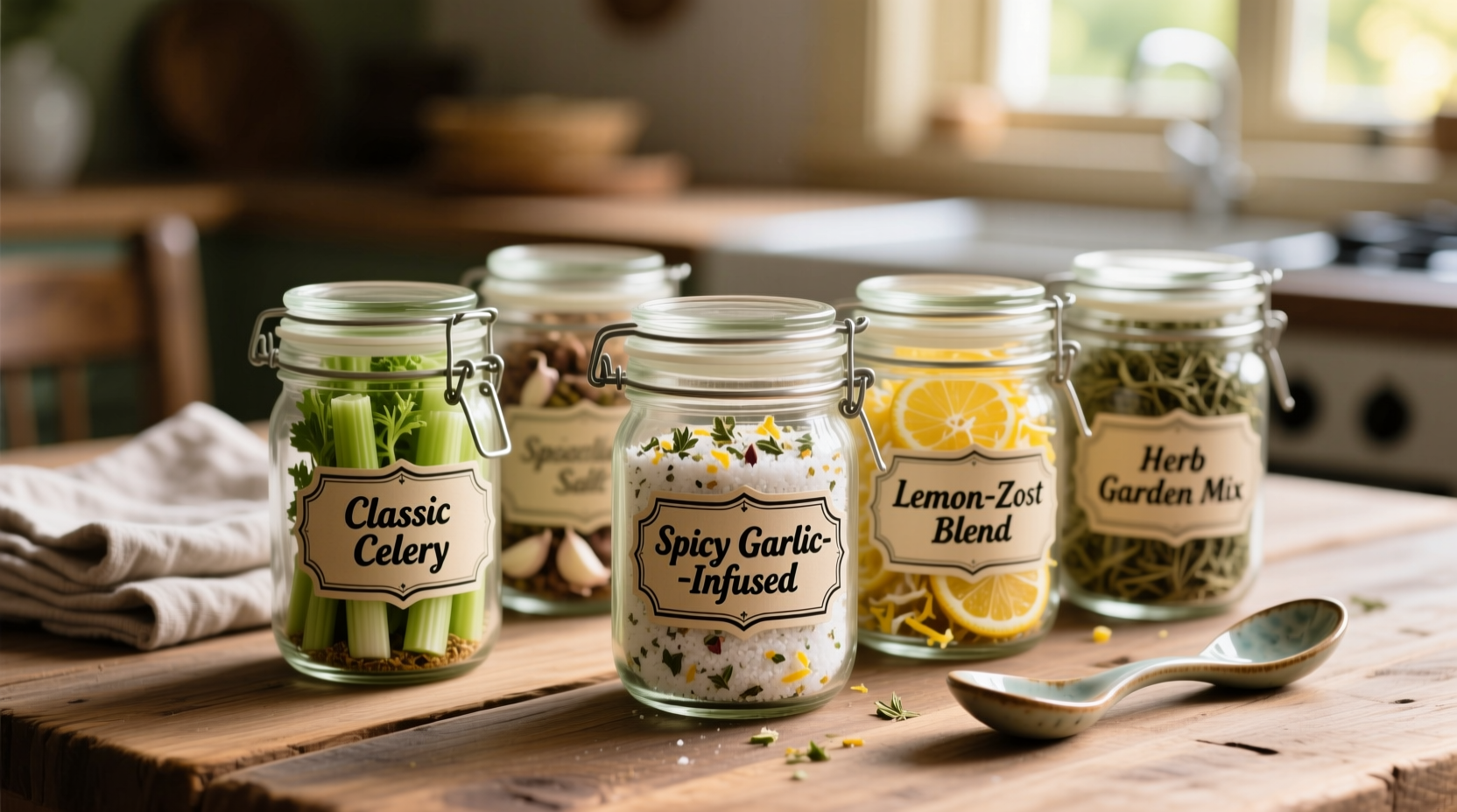 Homemade celery salt alternatives in glass jars