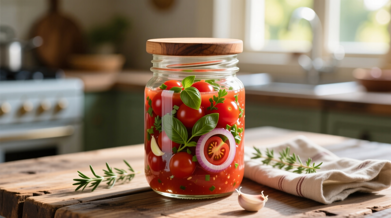 Fresh tomato vinaigrette in glass jar with herbs