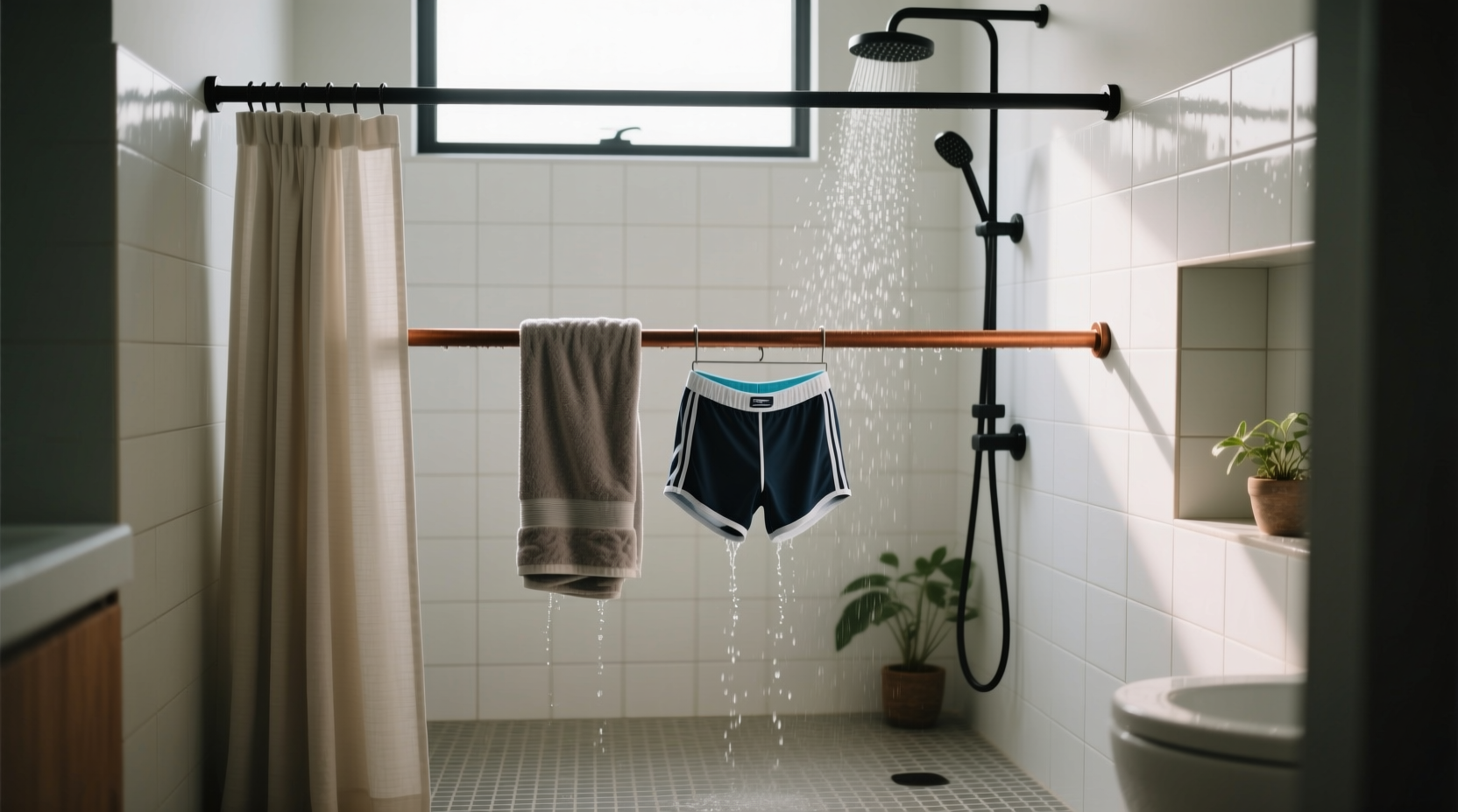 put a curtain rod inside your shower to dry your clothe