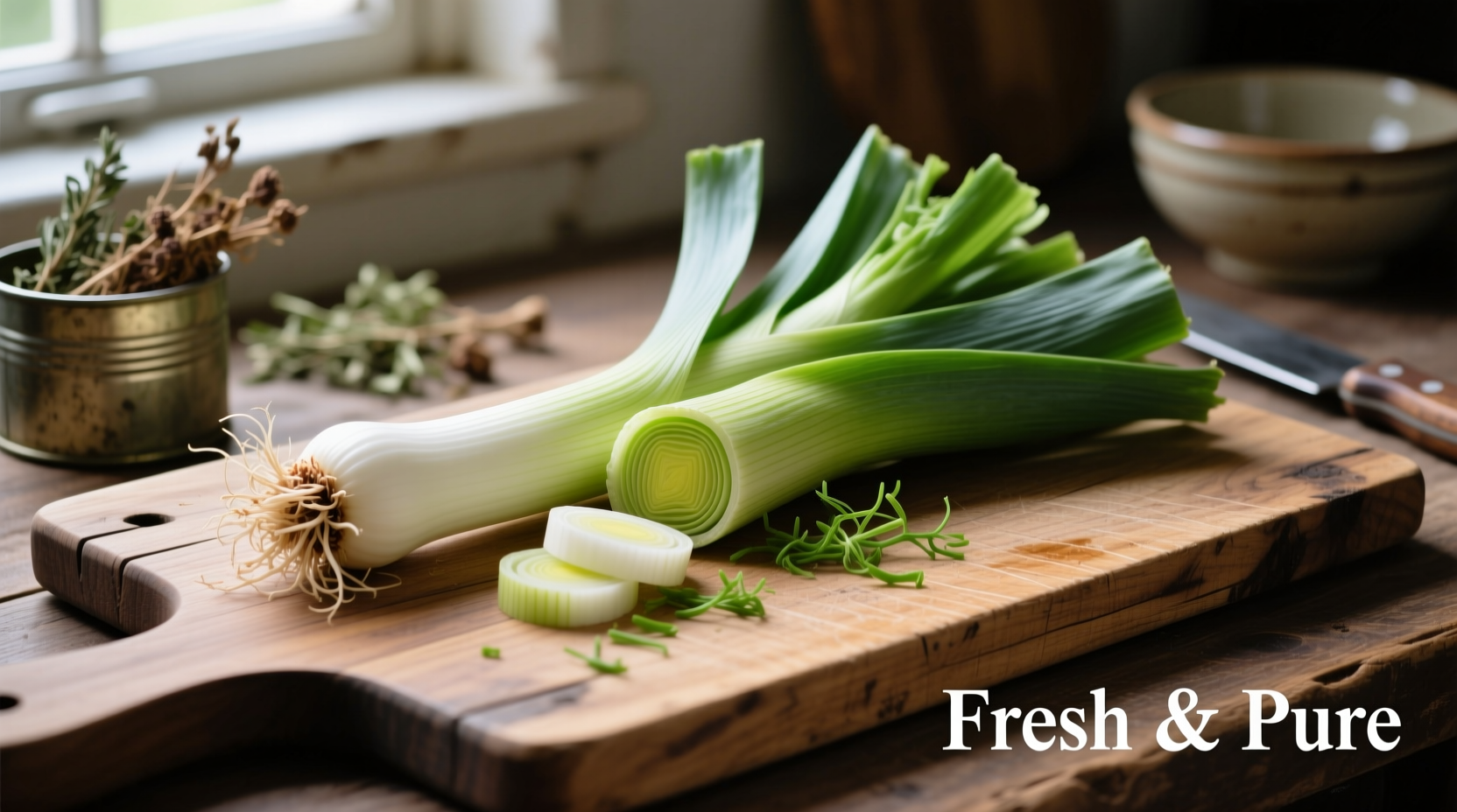 Fresh leek with white stem and green leaves on wooden cutting board