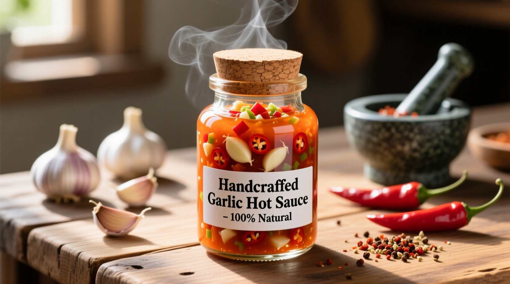 Homemade garlic hot sauce in glass bottle with fresh ingredients