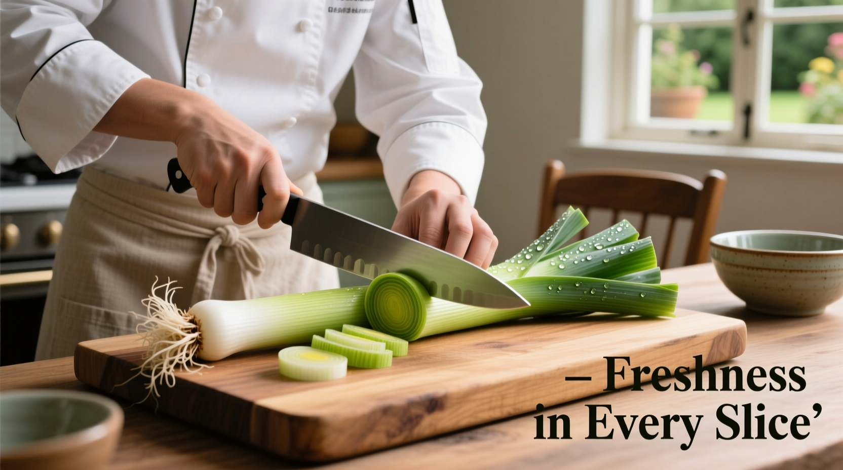 Chef slicing fresh leeks on cutting board