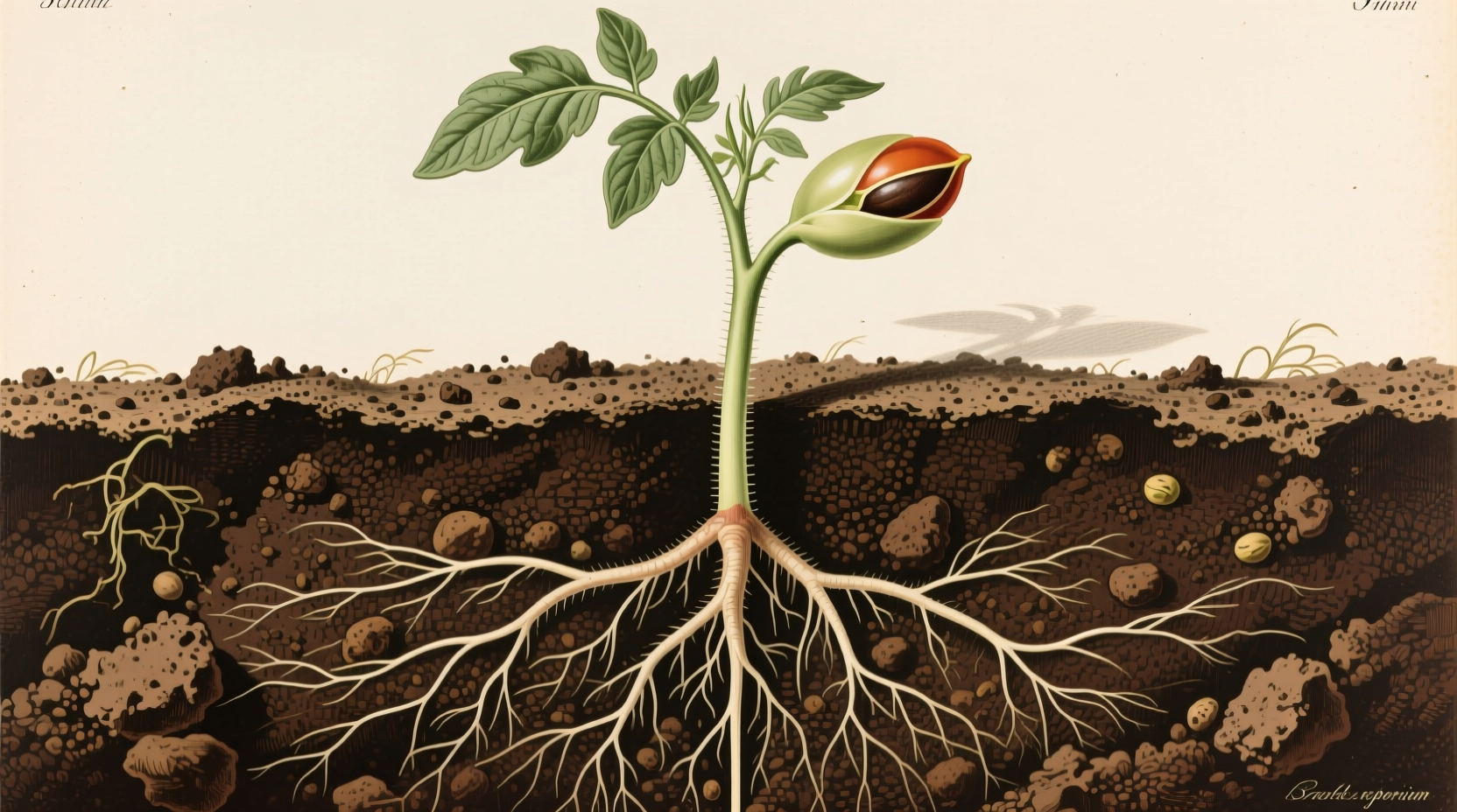 Tomato seedling planted deep with roots developing along stem