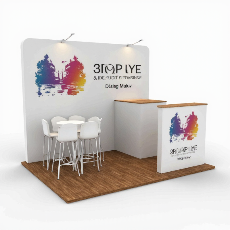 3D Booth Design Software for Interior Designers, material: tempered glass, sleek, modern, reflective surfaces.