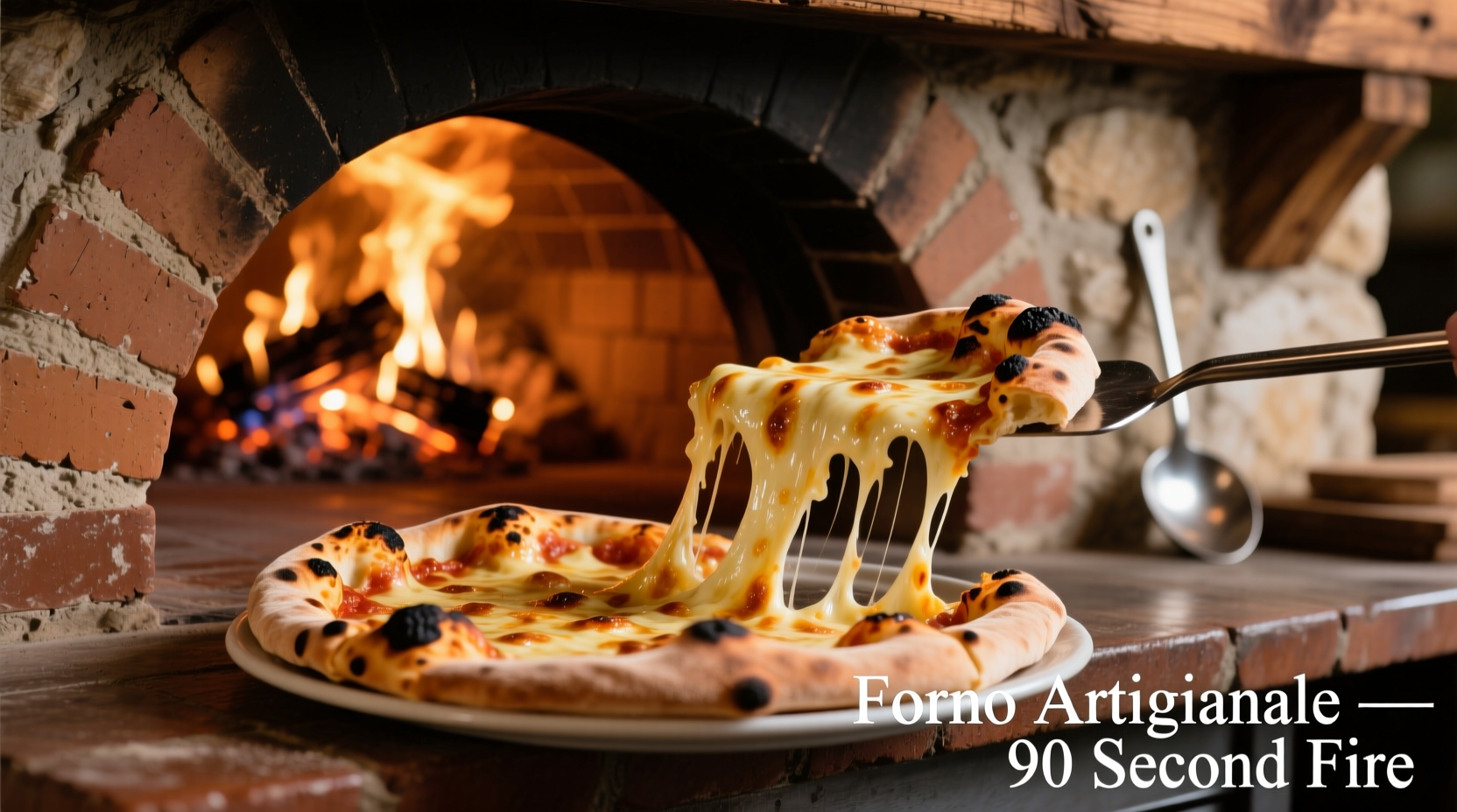 Wood-fired pizza oven with bubbling cheese