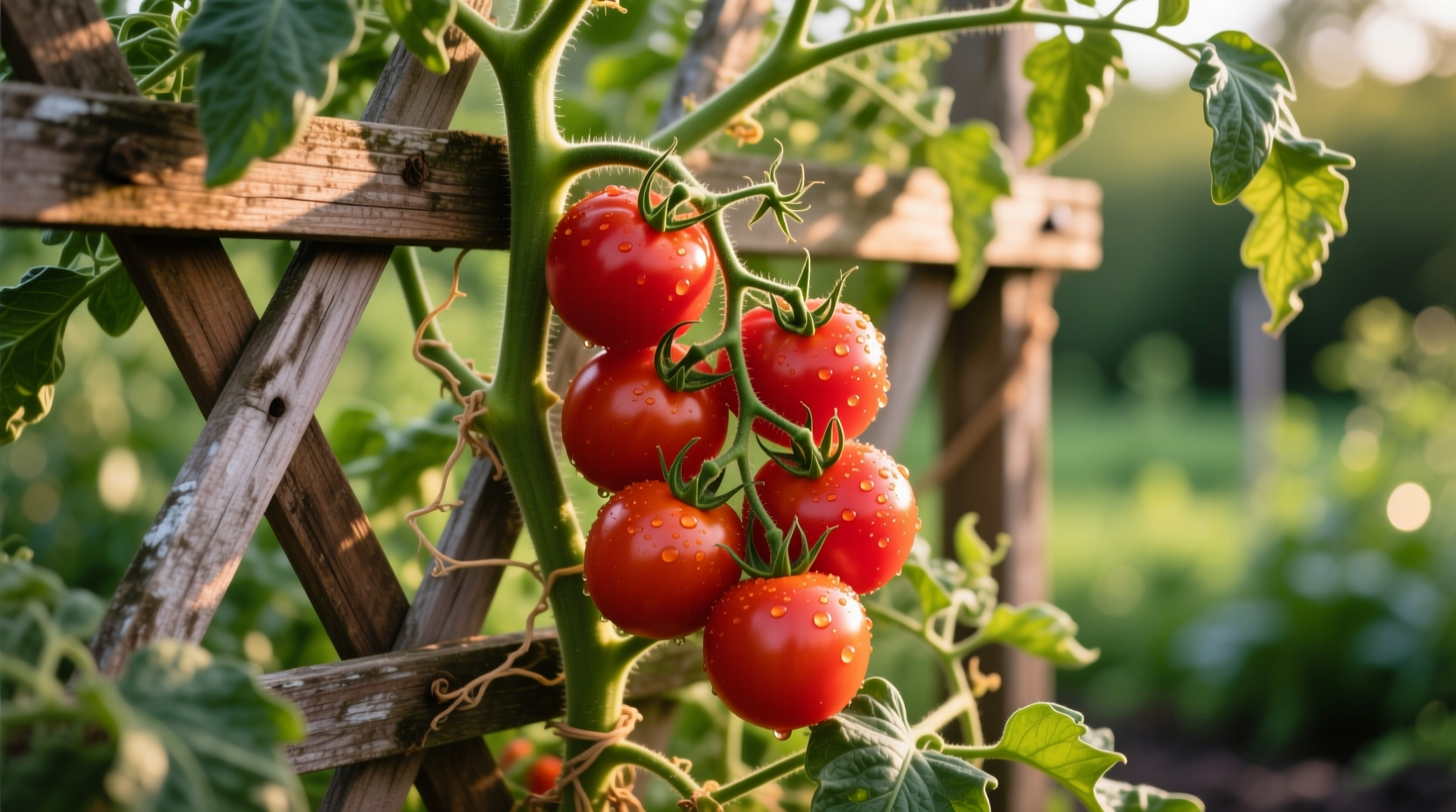 Oxheart tomato plant growing on sturdy trellis system