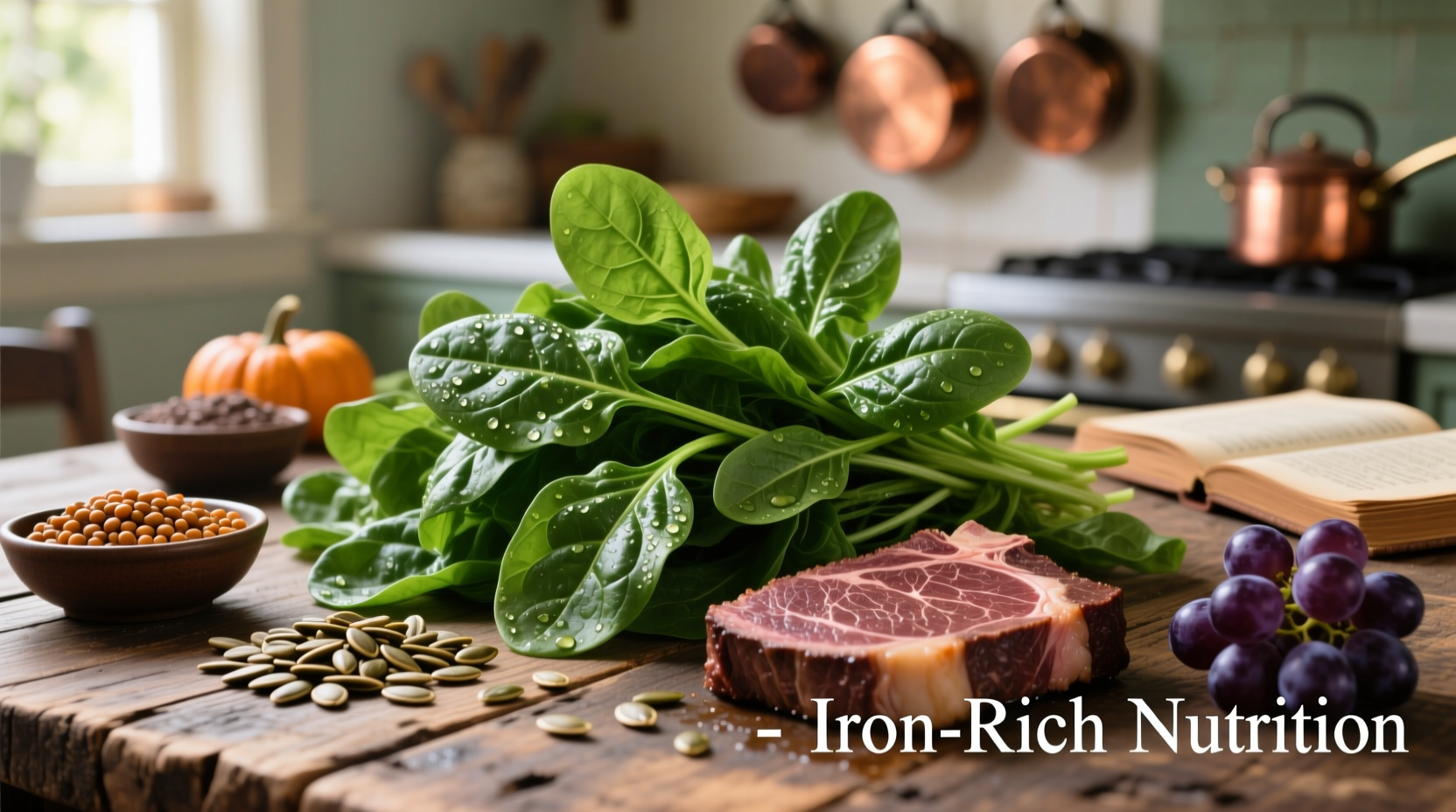 Fresh spinach leaves on wooden table with iron-rich foods