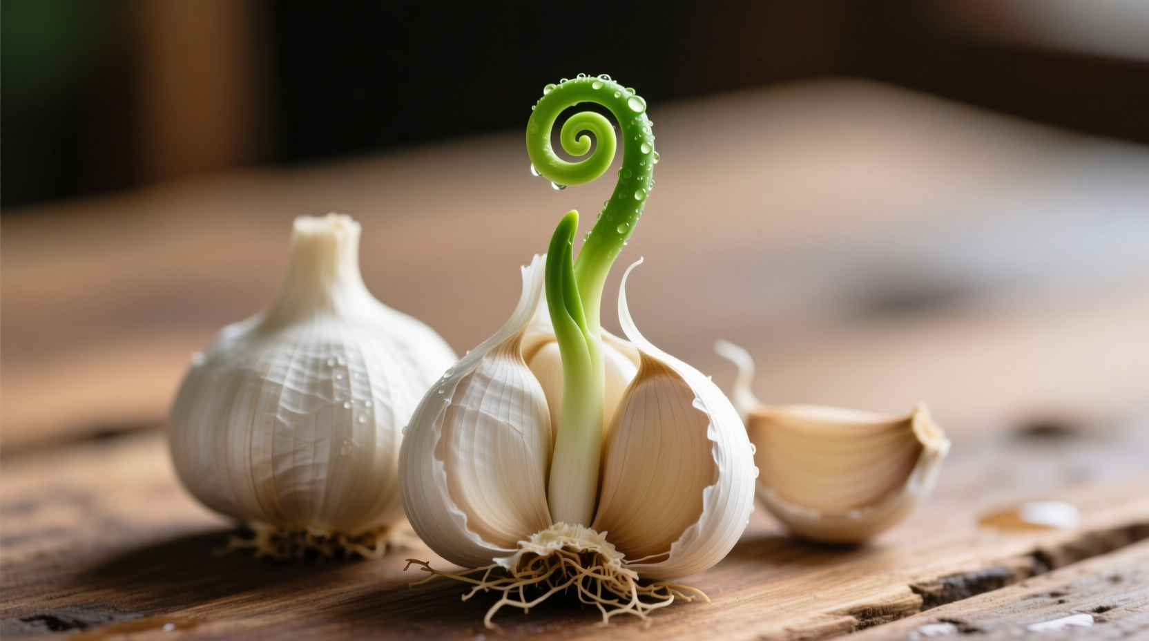 Fresh garlic cloves with sprouting green shoots