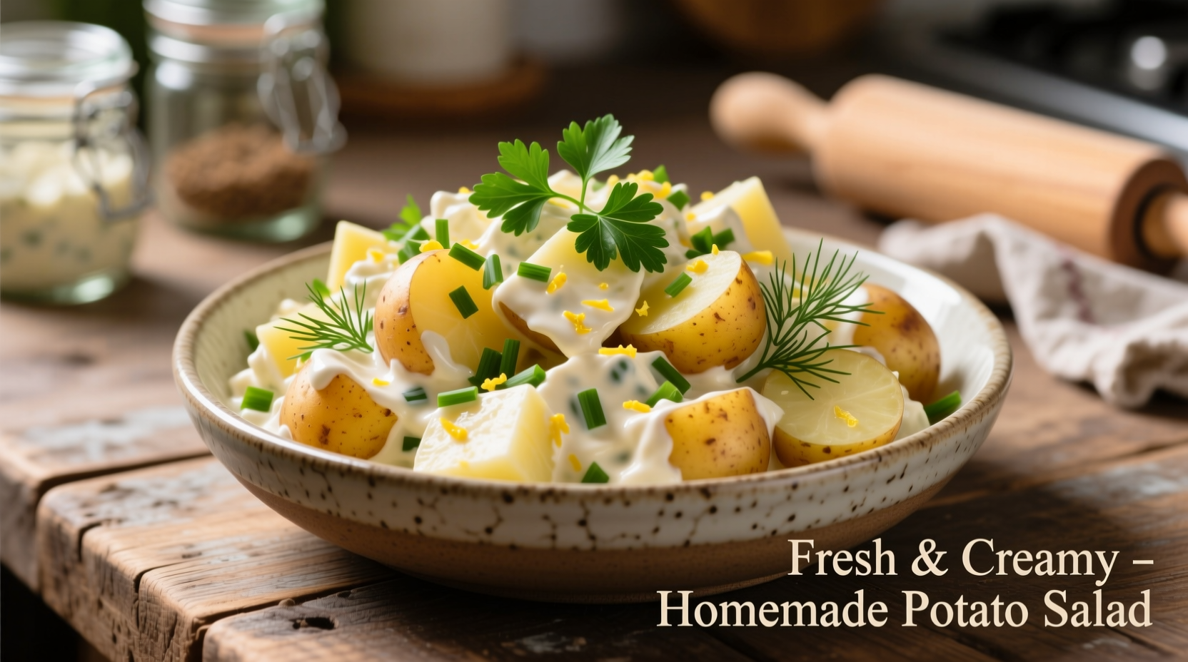 Creamy potato salad with fresh herbs garnish