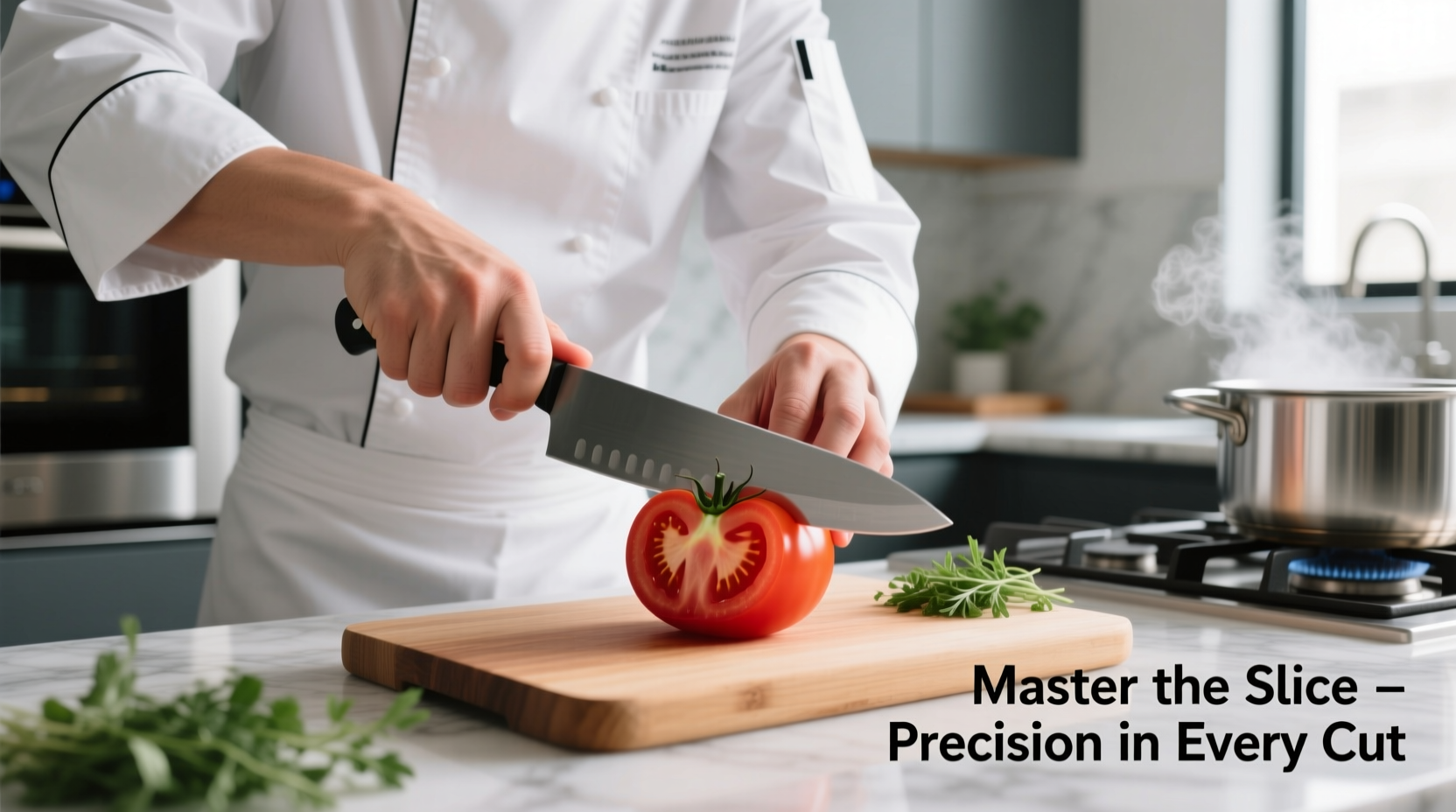 Professional chef demonstrating proper tomato slicing technique