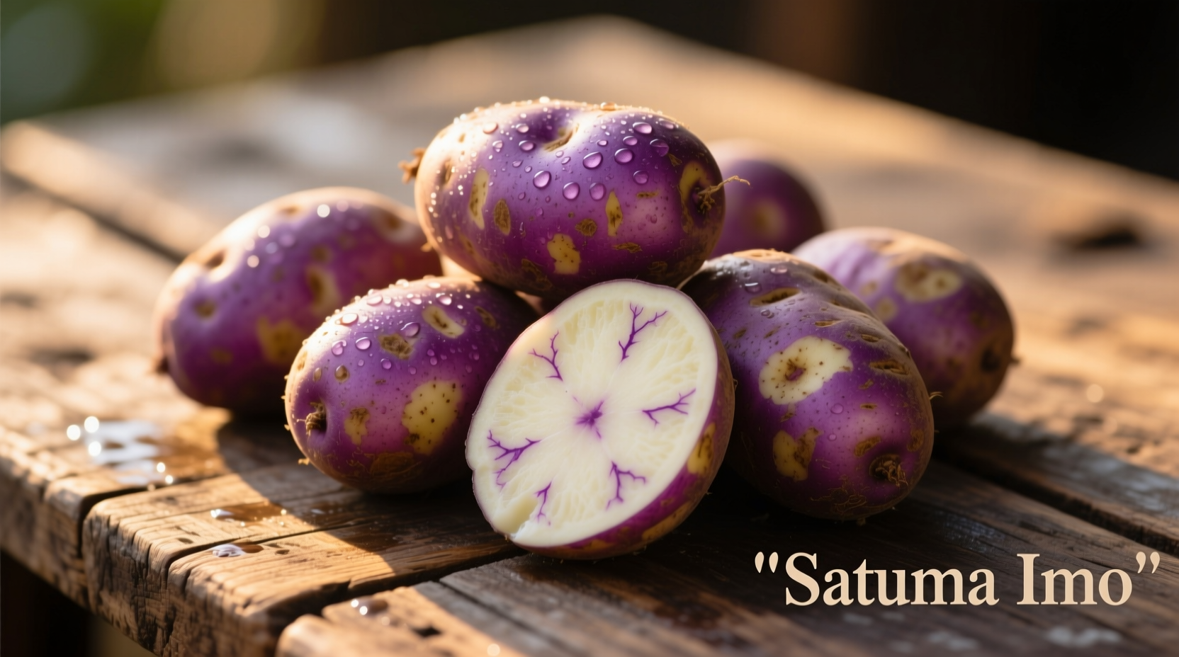 Fresh satsuma imo potatoes with purple skin on wooden table
