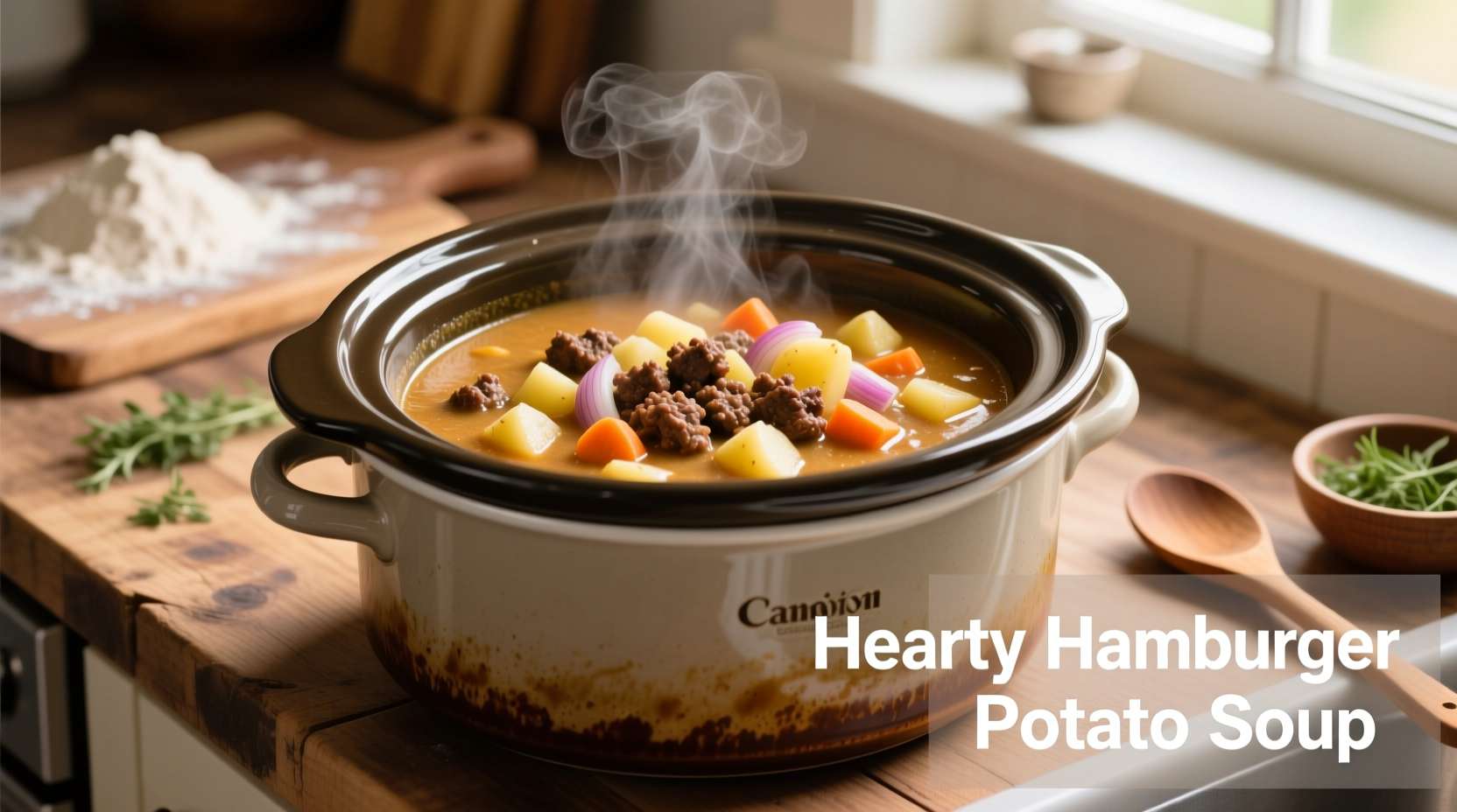 Crockpot filled with hearty hamburger potato soup
