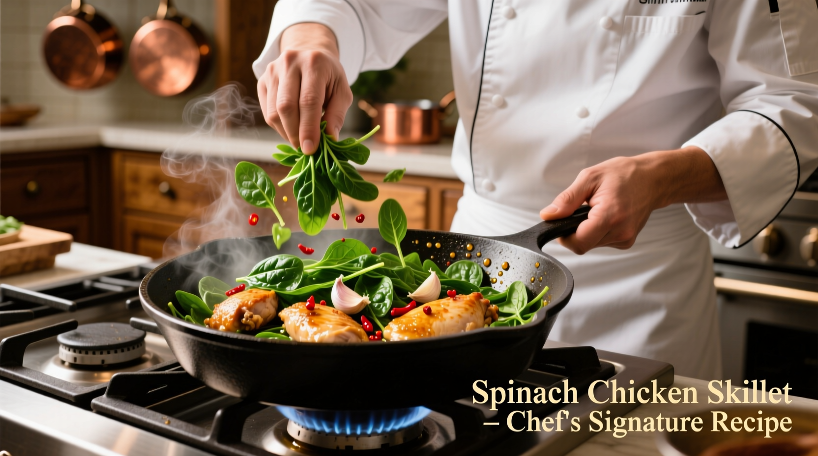 Chef preparing spinach chicken skillet