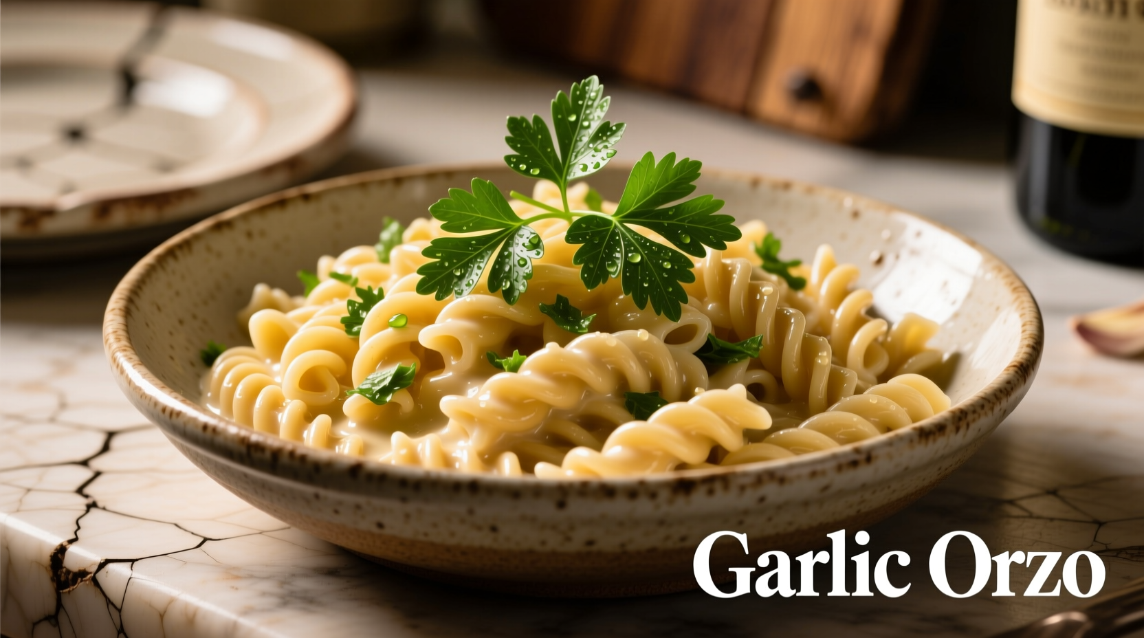 Creamy garlic orzo with fresh parsley garnish