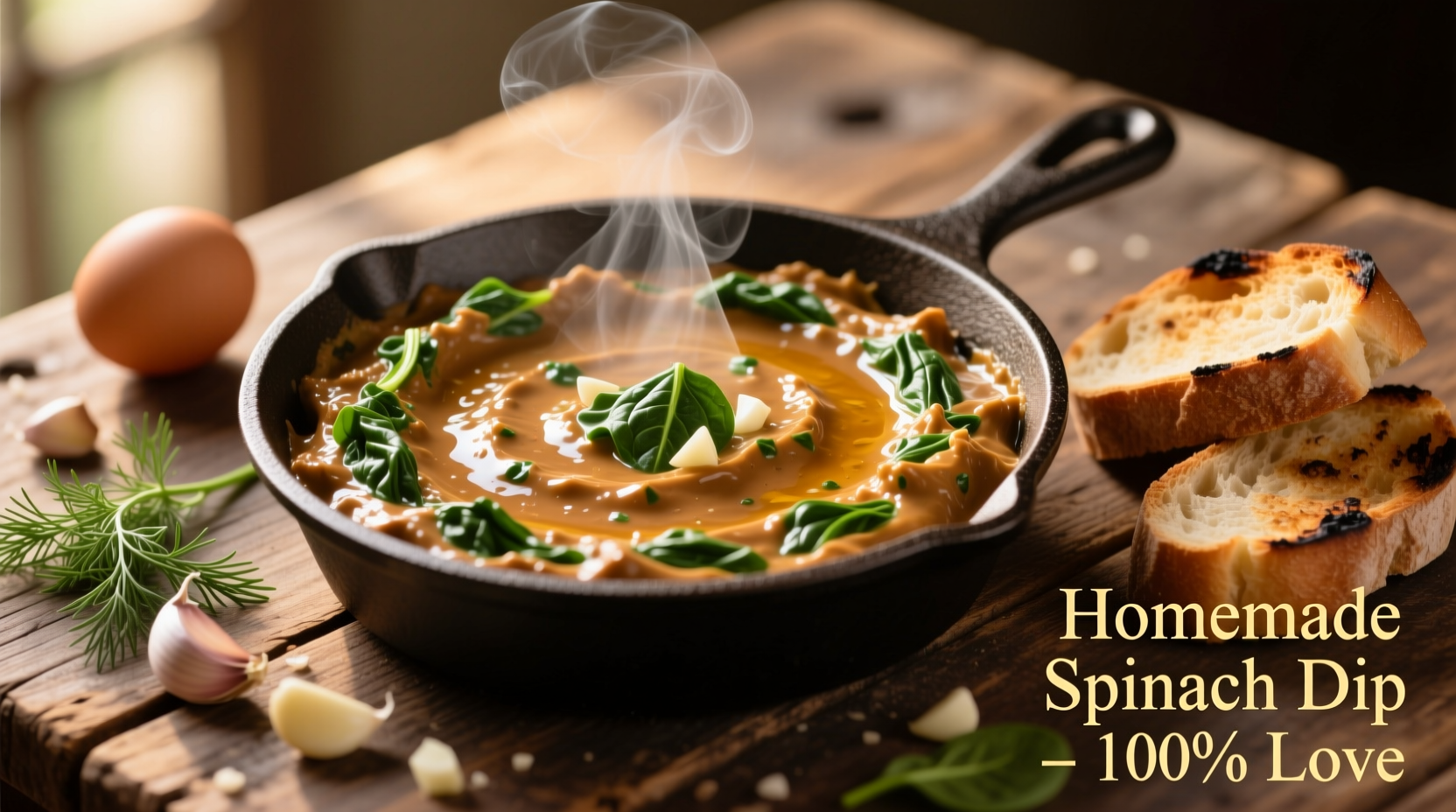 Golden brown warm spinach dip in cast iron skillet