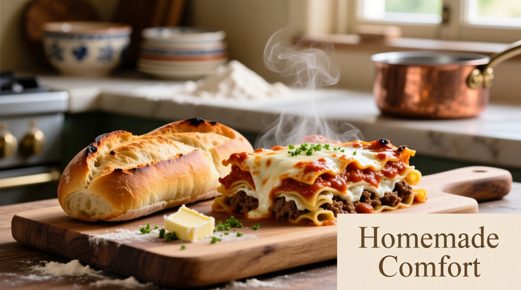 Freshly baked garlic bread served alongside steaming lasagna