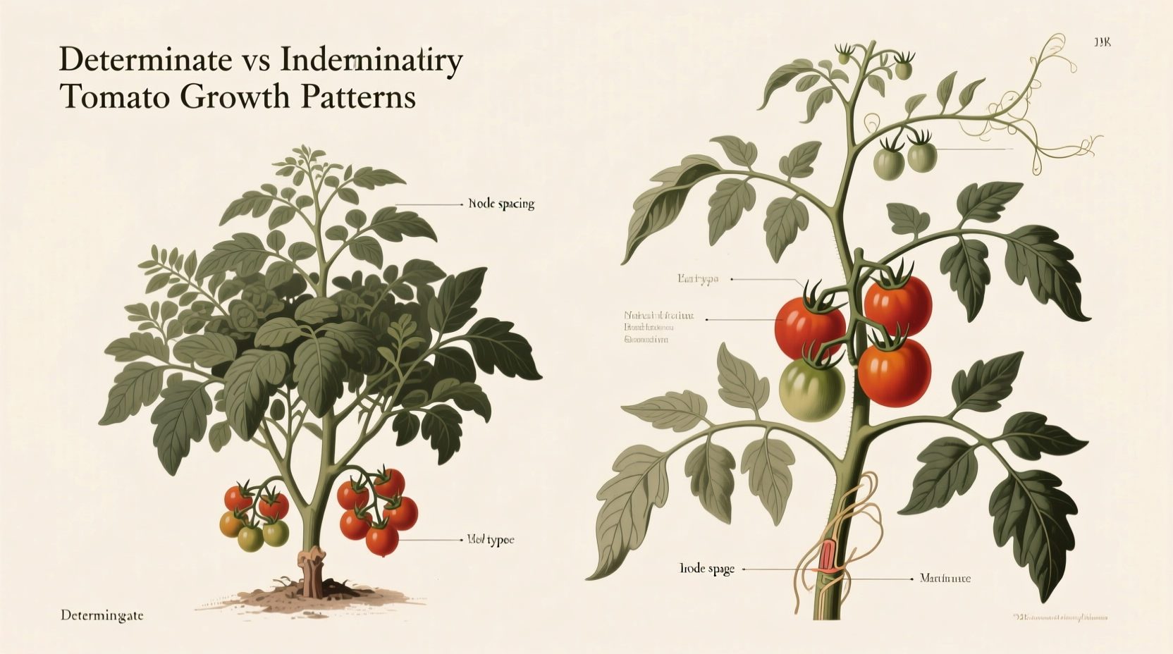Side-by-side comparison of determinate bush tomato plant and indeterminate vining tomato plant