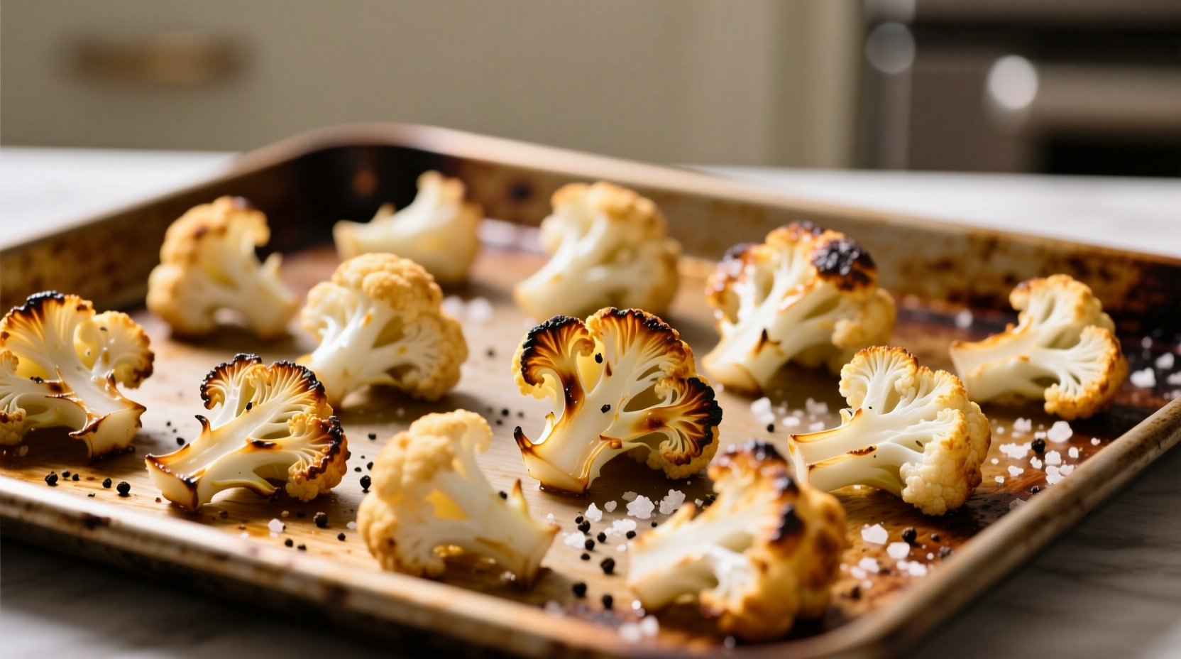 Crispy roasted frozen cauliflower florets on baking sheet